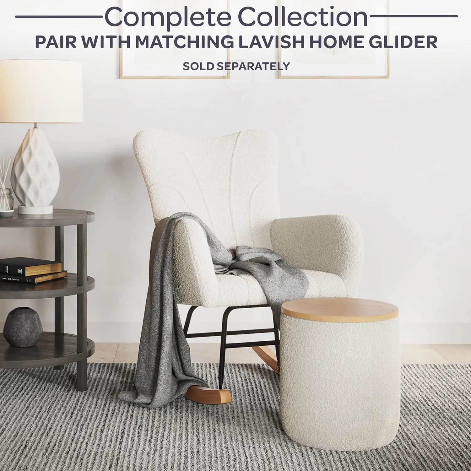 Lavish Home Rocking Chair - Teddy Fabric Upholstered Chair with Padded Seat and Contoured Armrests - Ergonomic Modern Rocker for Bedroom (Cream)