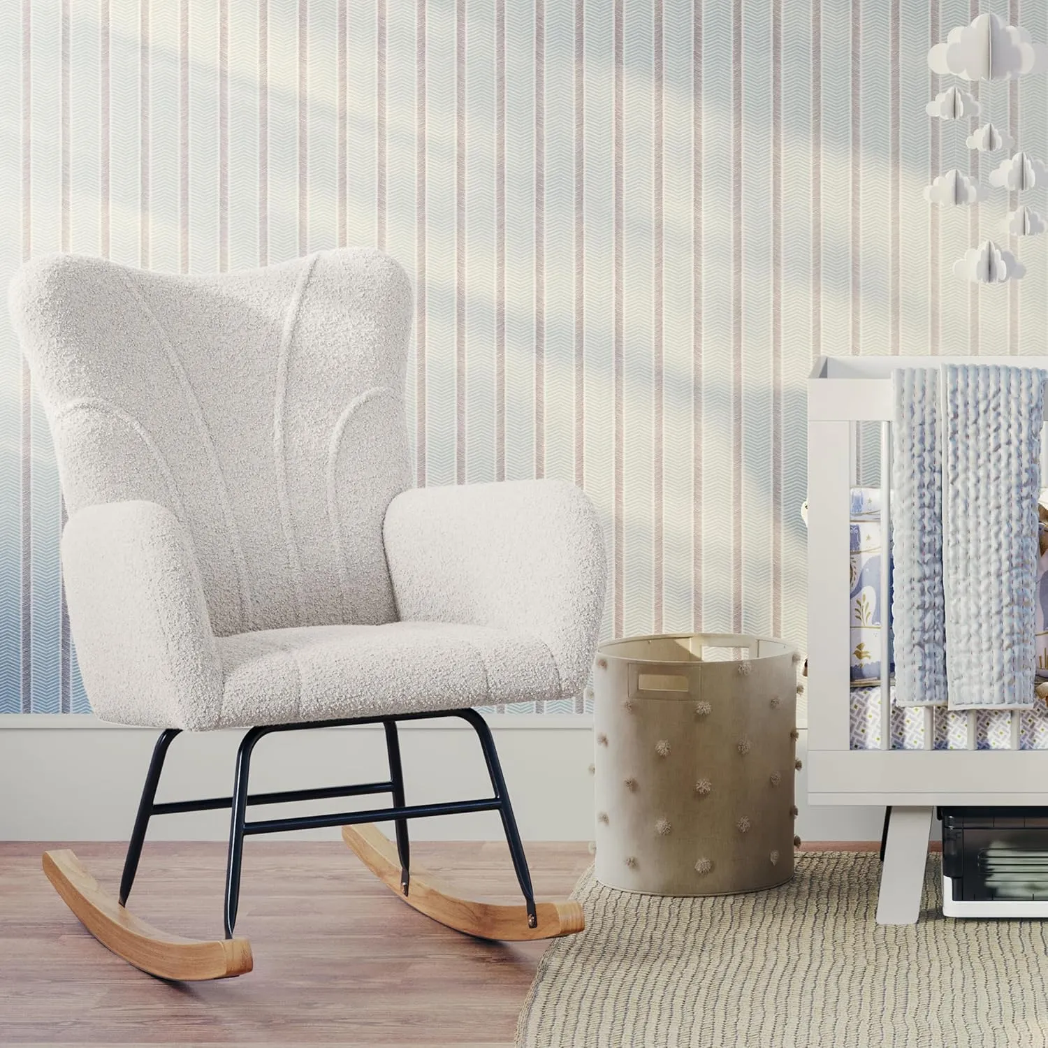 Lavish Home Rocking Chair - Teddy Fabric Upholstered Chair with Padded Seat and Contoured Armrests - Ergonomic Modern Rocker for Bedroom (Cream)