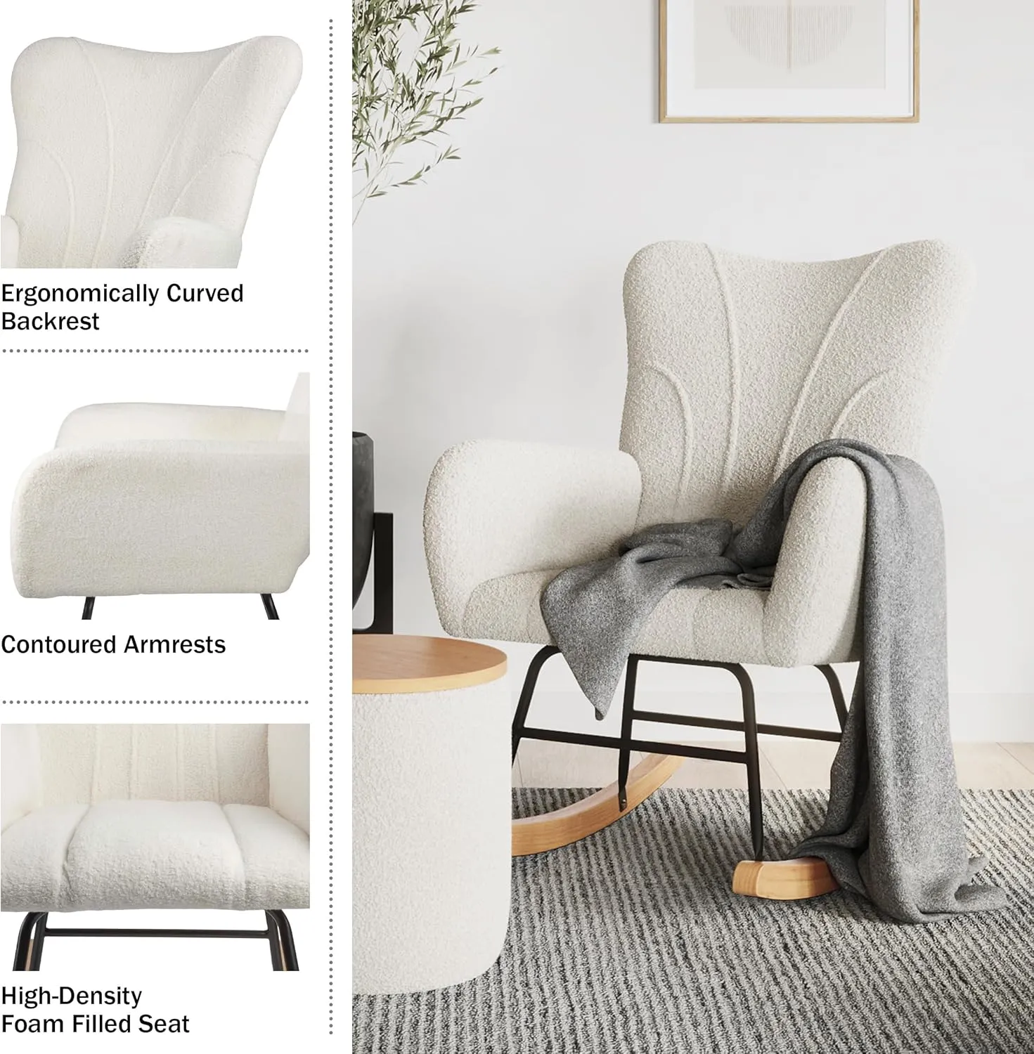 Lavish Home Rocking Chair - Teddy Fabric Upholstered Chair with Padded Seat and Contoured Armrests - Ergonomic Modern Rocker for Bedroom (Cream)