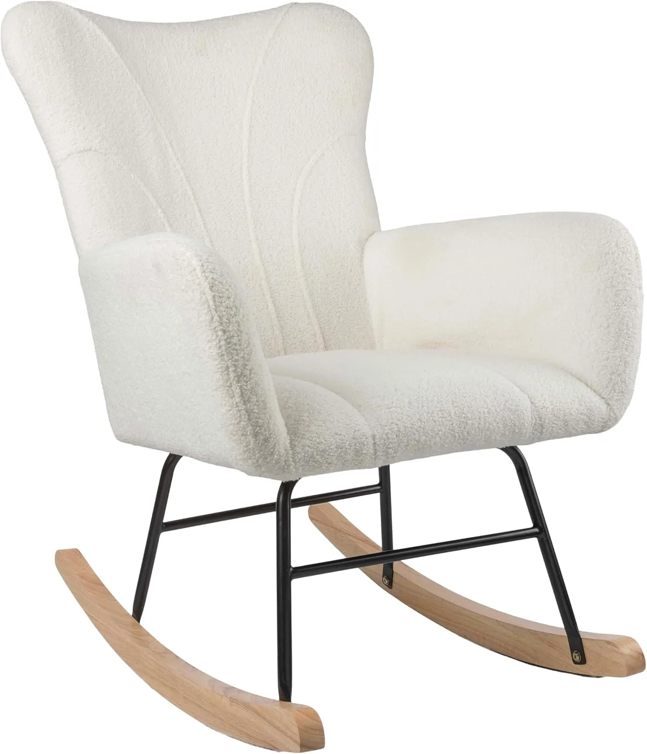 Lavish Home Rocking Chair - Teddy Fabric Upholstered Chair with Padded Seat and Contoured Armrests - Ergonomic Modern Rocker for Bedroom (Cream)