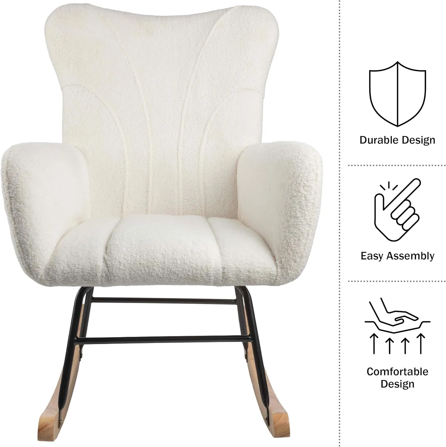 Lavish Home Rocking Chair - Teddy Fabric Upholstered Chair with Padded Seat and Contoured Armrests - Ergonomic Modern Rocker for Bedroom (Cream)
