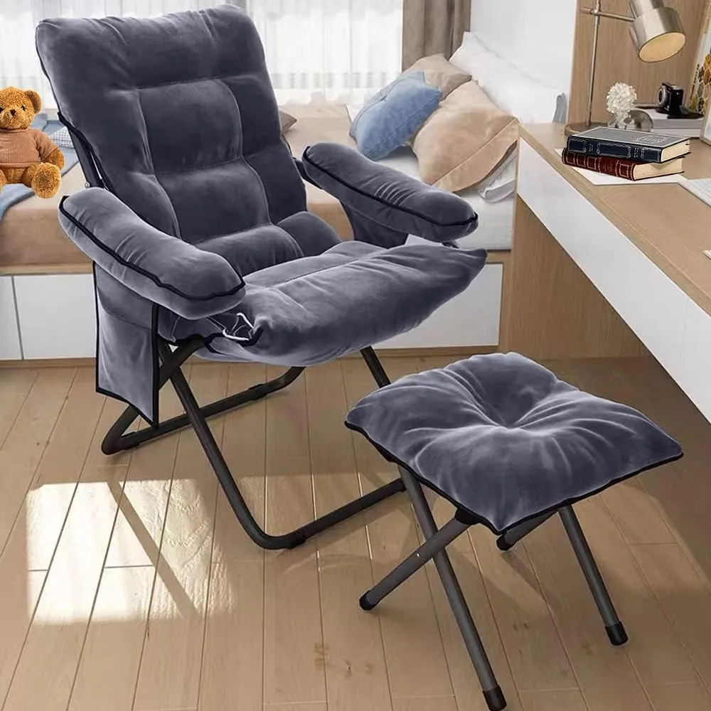 Lazy Chair with Ottoman, 3 Backrest Angle Settings Foldable Aluminum Reclining w/Armrests & Side Pockets, Reading w/Footrest for Small Space Bedroom/Dorm Room/Livingroom/Office Gray