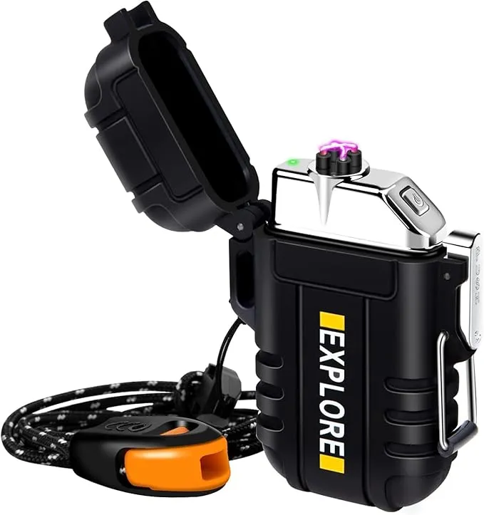LcFun Electric Lighter, Plasma Lighter Waterproof Arc Lighter Windproof USB Lighter Rechargeable with Emergency Whistle for Hiking, Camping, Adventure, Outdoor, Survival, Tactical, EDC Gear (Black)