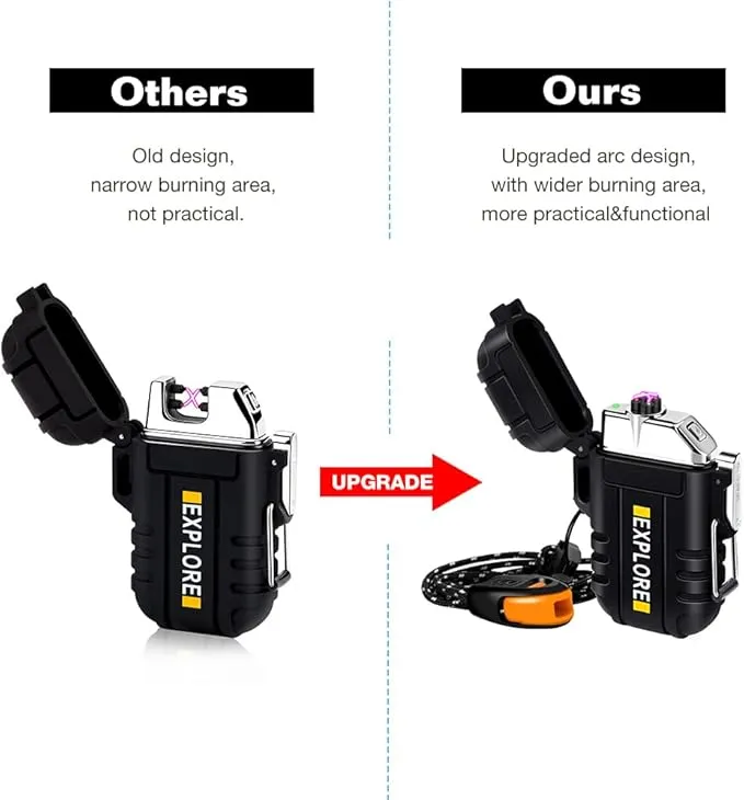 LcFun Electric Lighter, Plasma Lighter Waterproof Arc Lighter Windproof USB Lighter Rechargeable with Emergency Whistle for Hiking, Camping, Adventure, Outdoor, Survival, Tactical, EDC Gear (Black)