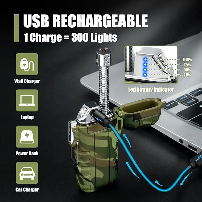 LcFun Electric Lighter USB Rechargeable Arc Lighter Windproof Plasma Lighters with LED Battery Display, Waterproof Electronic Flashlight Lighter with Whistle for Camping, Survival Tactical Gear