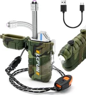 LcFun Electric Lighter USB Rechargeable Arc Lighter Windproof Plasma Lighters with LED Battery Display, Waterproof Electronic Flashlight Lighter with Whistle for Camping, Survival Tactical Gear