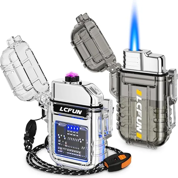 LcFun Waterproof Lighter 2 Pack, Electric Lighter USB C Rechargeable, Torch Lighters Butane Refillable, Windproof Butane Lighters Plasma Arc Lighter for Hiking, Camping Gear, Survival Kits