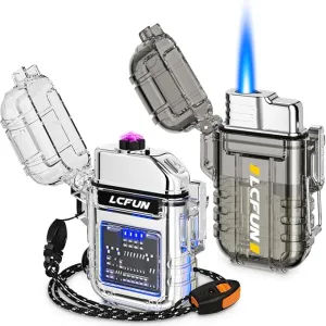 LcFun Waterproof Lighter 2 Pack, Electric Lighter USB C Rechargeable, Torch Lighters Butane Refillable, Windproof Butane Lighters Plasma Arc Lighter for Hiking, Camping Gear, Survival Kits
