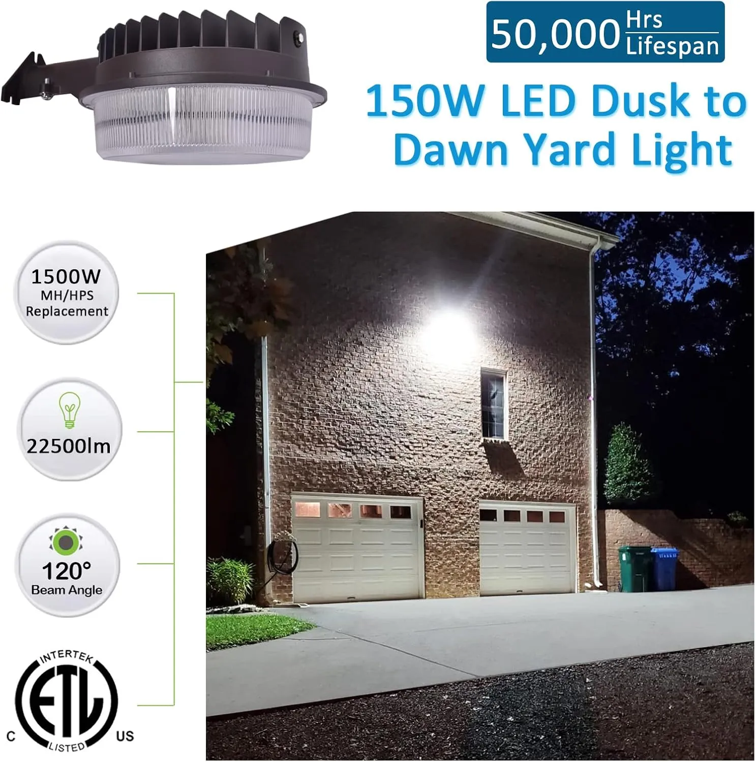 LED Barn Light 150W, Dusk to Dawn Outdoor Yard Light with Photocell Super Bright 22,500lm 5000K Daylight, 1500W MH/HPS Replacement, AC100-277V IP65 Waterproof for Farm Area Light, ETL Listed