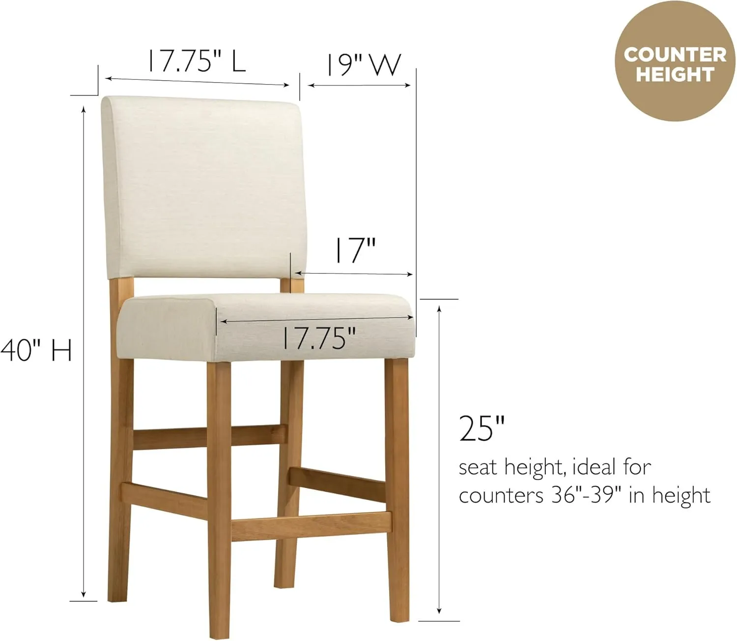 Leick Home Brax Counter Height Stool with Upholstered Back and Wood Base – Set of 2 for Kitchen Counters and Islands – Modern Chairs in Natural White Sand, 214460