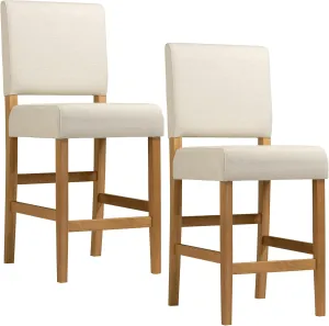 Leick Home Brax Counter Height Stool with Upholstered Back and Wood Base – Set of 2 for Kitchen Counters and Islands – Modern Chairs in Natural White Sand, 214460