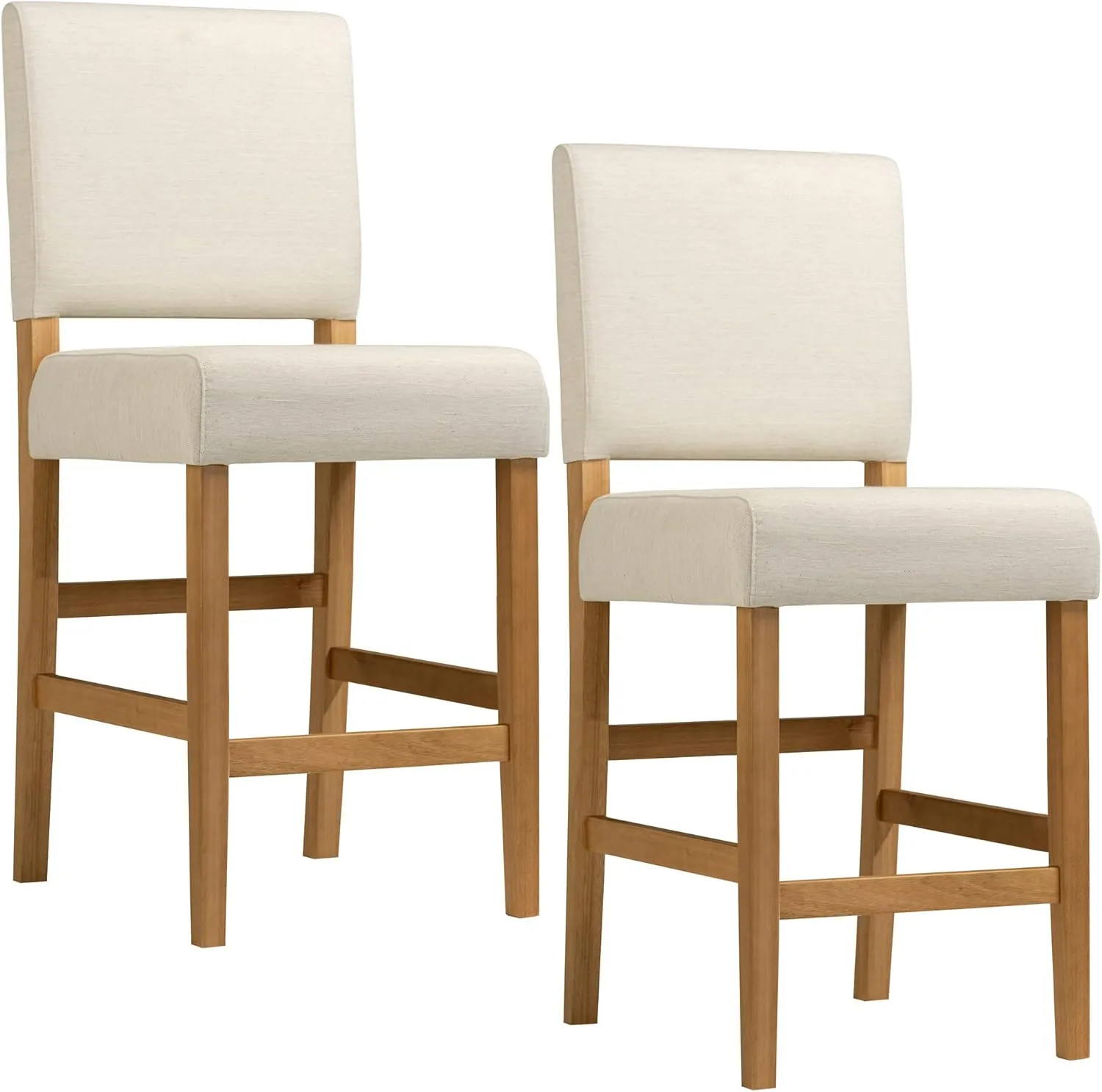 Leick Home Brax Counter Height Stool with Upholstered Back and Wood Base – Set of 2 for Kitchen Counters and Islands – Modern Chairs in Natural White Sand, 214460