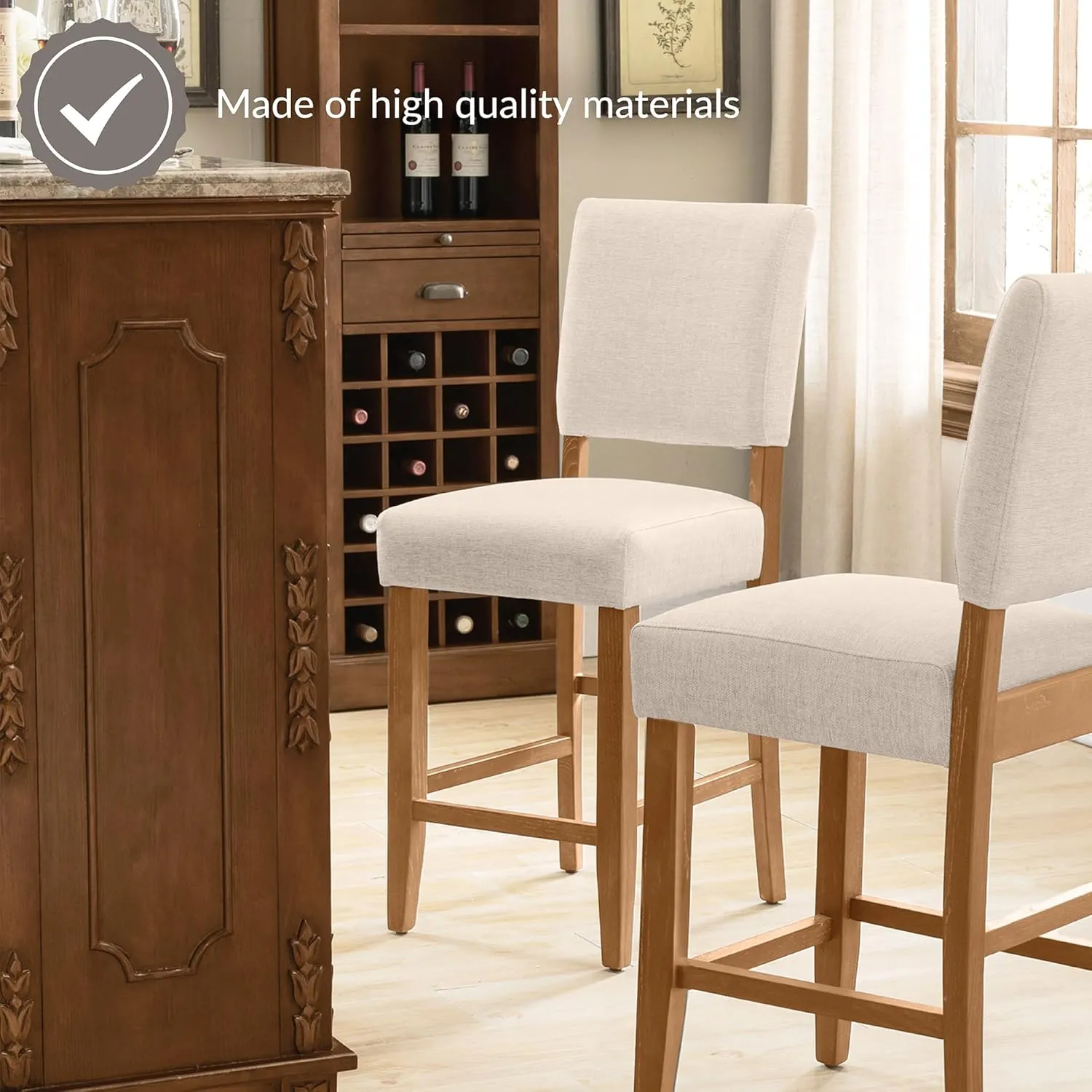 Leick Home Brax Counter Height Stool with Upholstered Back and Wood Base – Set of 2 for Kitchen Counters and Islands – Modern Chairs in Natural White Sand, 214460