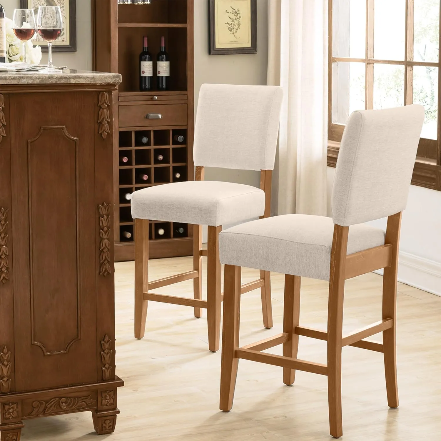 Leick Home Brax Counter Height Stool with Upholstered Back and Wood Base – Set of 2 for Kitchen Counters and Islands – Modern Chairs in Natural White Sand, 214460