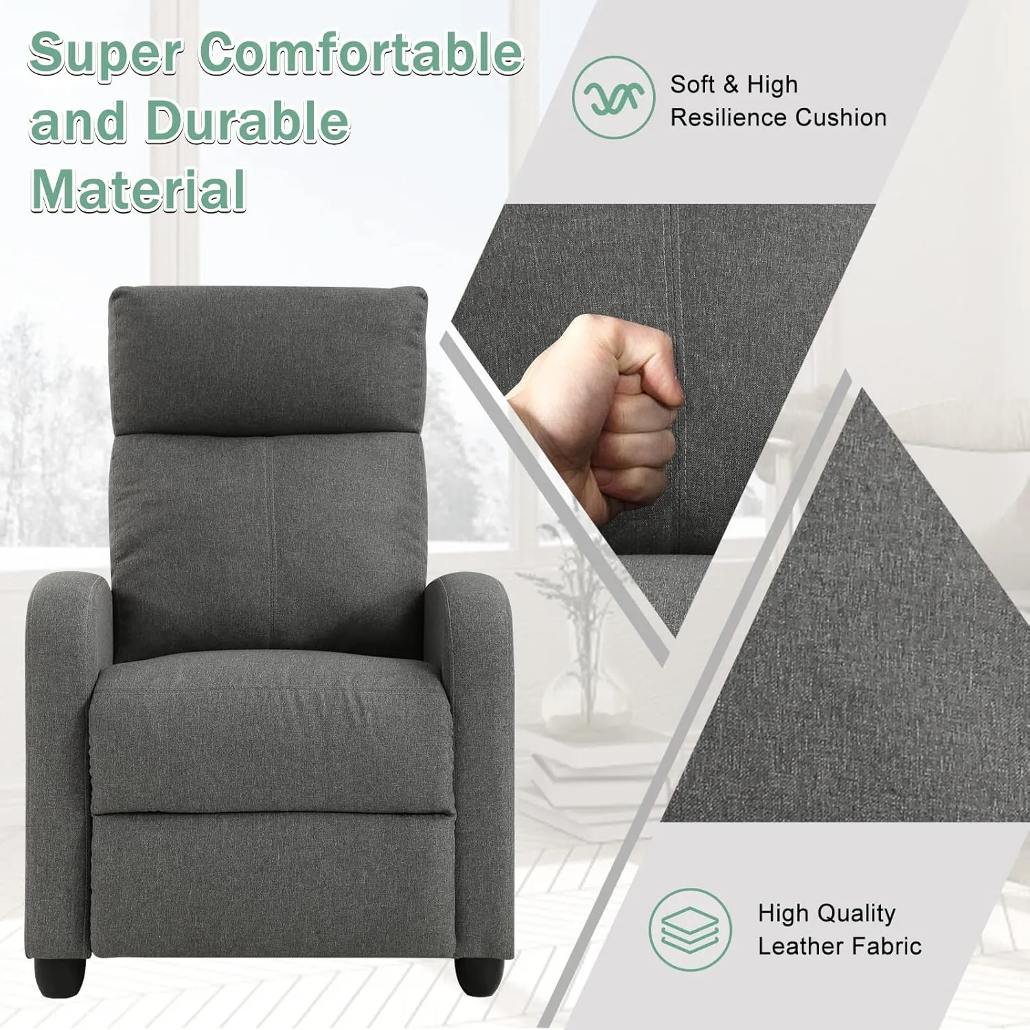 Living Room Recliner Chair Modern Reclining Easy Lounge Winback Single Sofa Reading Chair Fabric Home Theater Seating Massage Adjustable Accent Armchair w/ Thick Seat Cushion & Backrest, Grey
