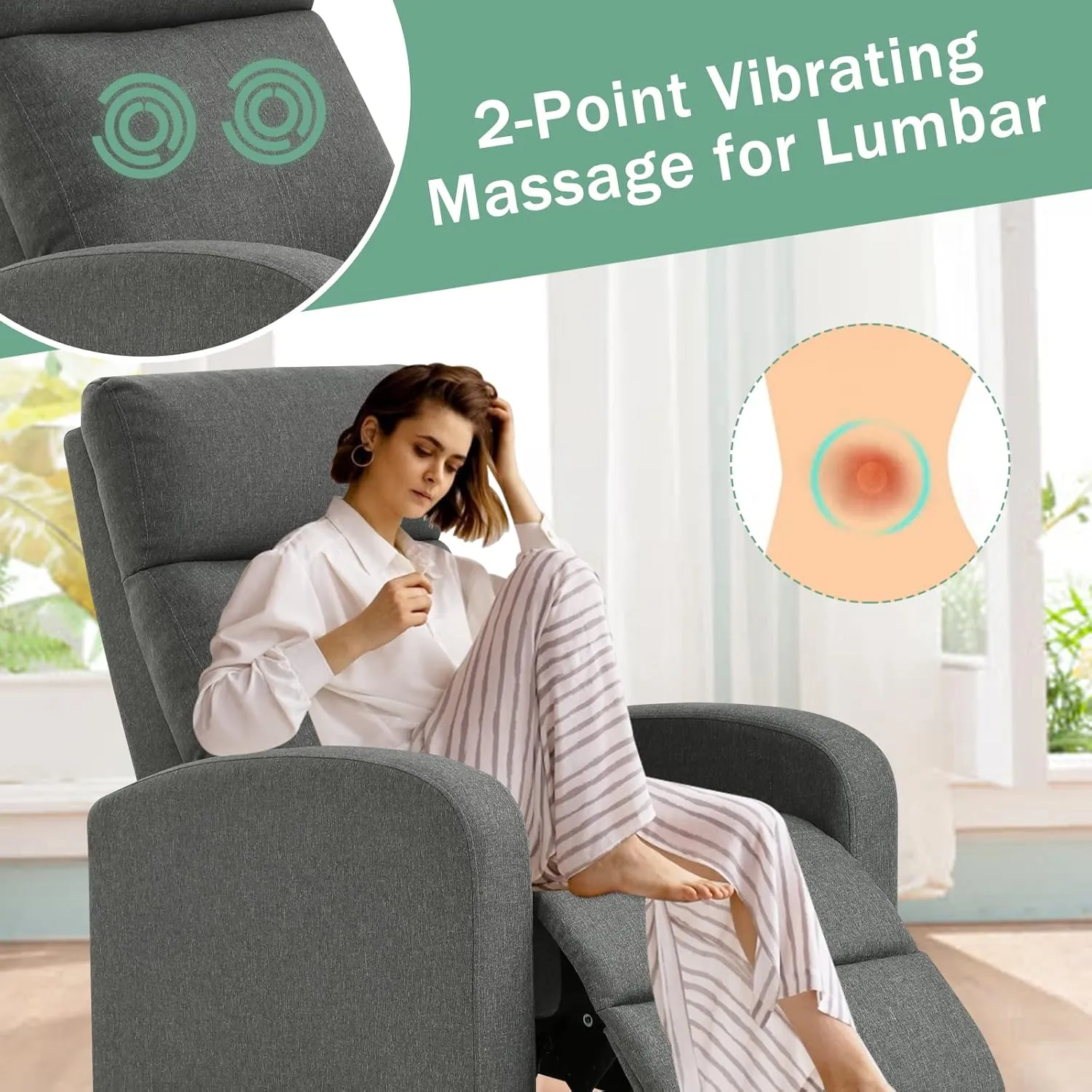 Living Room Recliner Chair Modern Reclining Easy Lounge Winback Single Sofa Reading Chair Fabric Home Theater Seating Massage Adjustable Accent Armchair w/ Thick Seat Cushion & Backrest, Grey