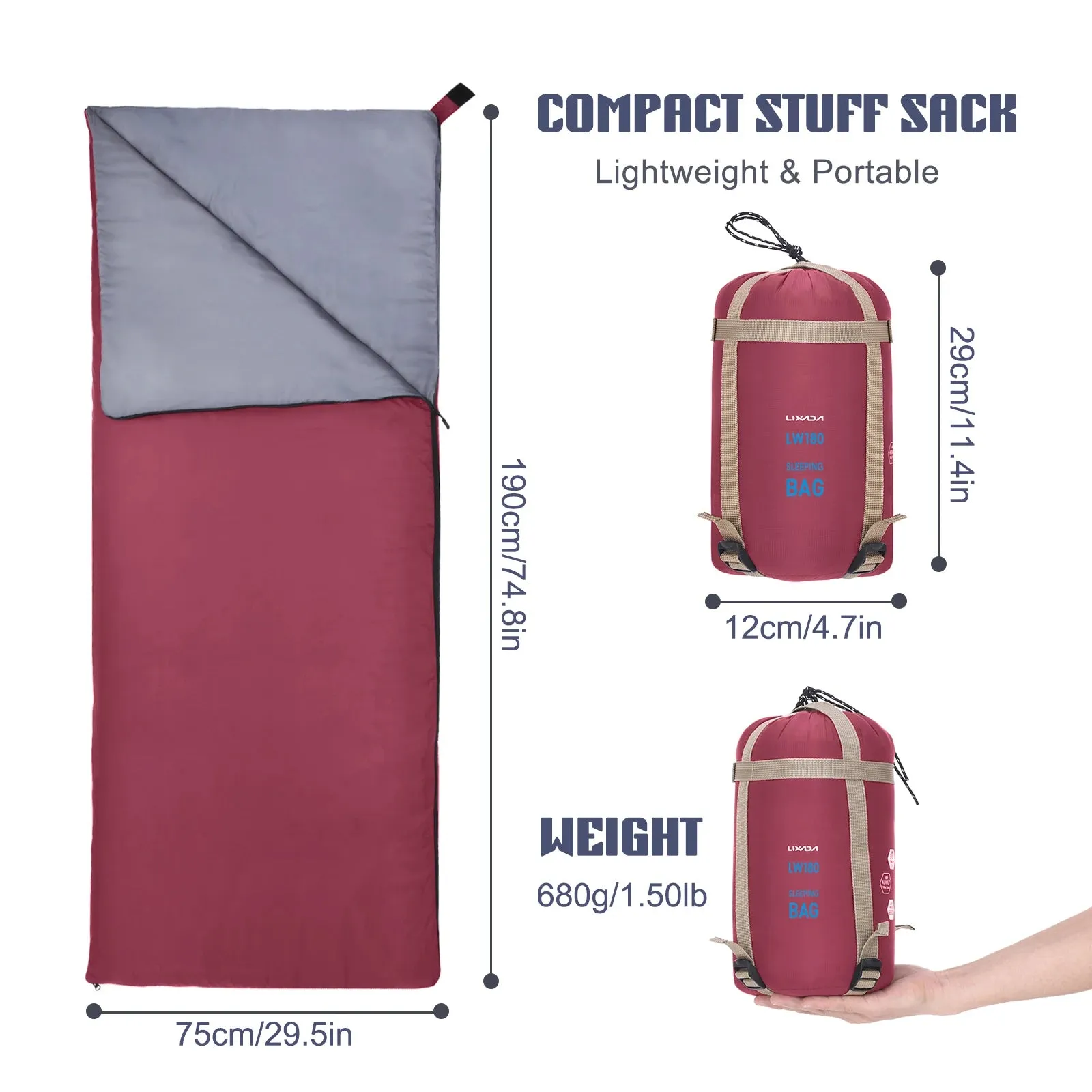 Lixada Ultralight Envelope Camping Sleeping Bag, Compact, 6.23ft x 2.46ft, 1.5 lbs
