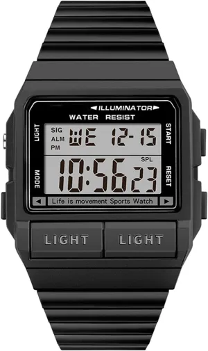 Luminous Electronic Watch, Chronograph, Multi-Function Single Display, Waterproof Outdoor Mountaineering Men's Watch, Stainless Steel Strap Black