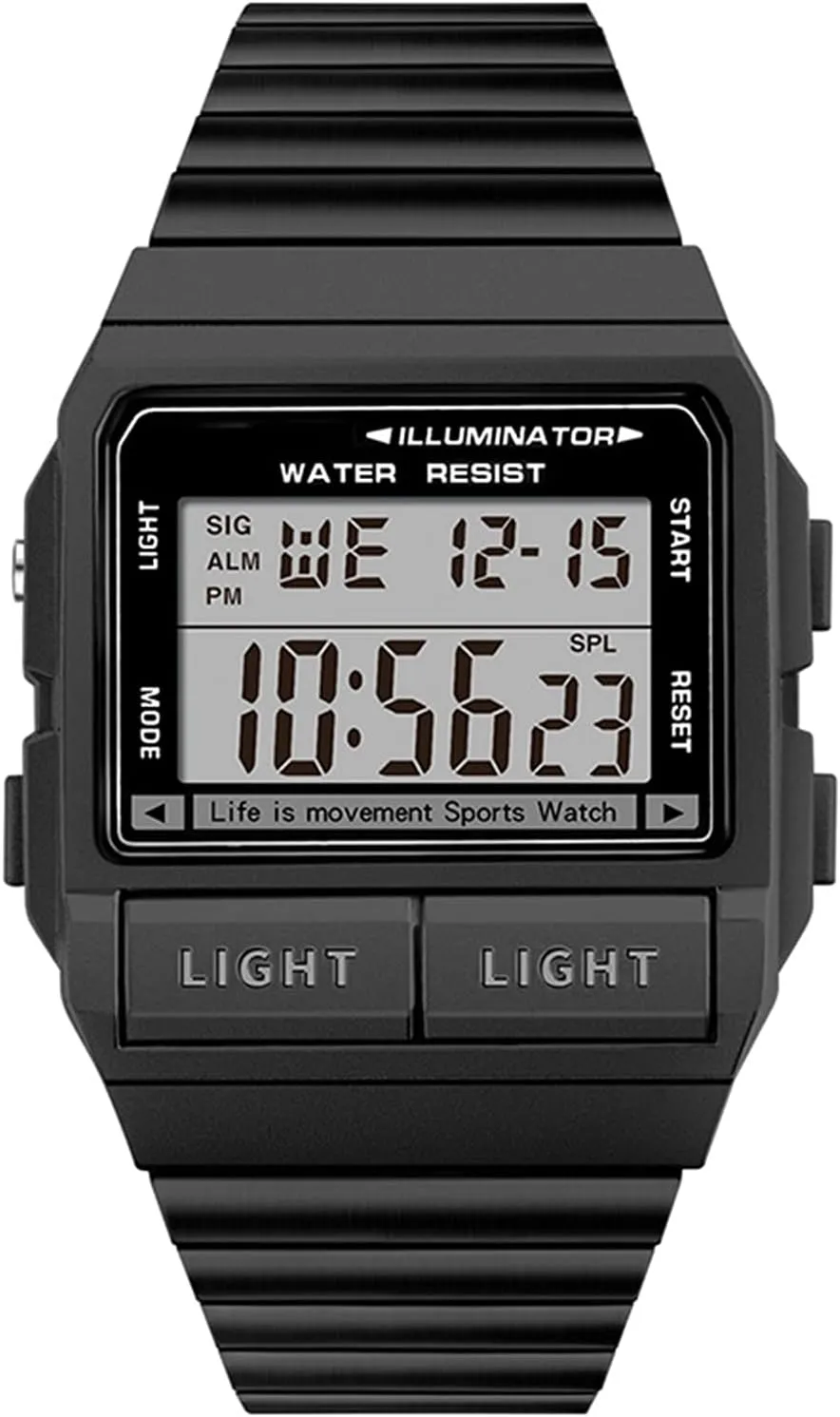 Luminous Electronic Watch, Chronograph, Multi-Function Single Display, Waterproof Outdoor Mountaineering Men's Watch, Stainless Steel Strap Black