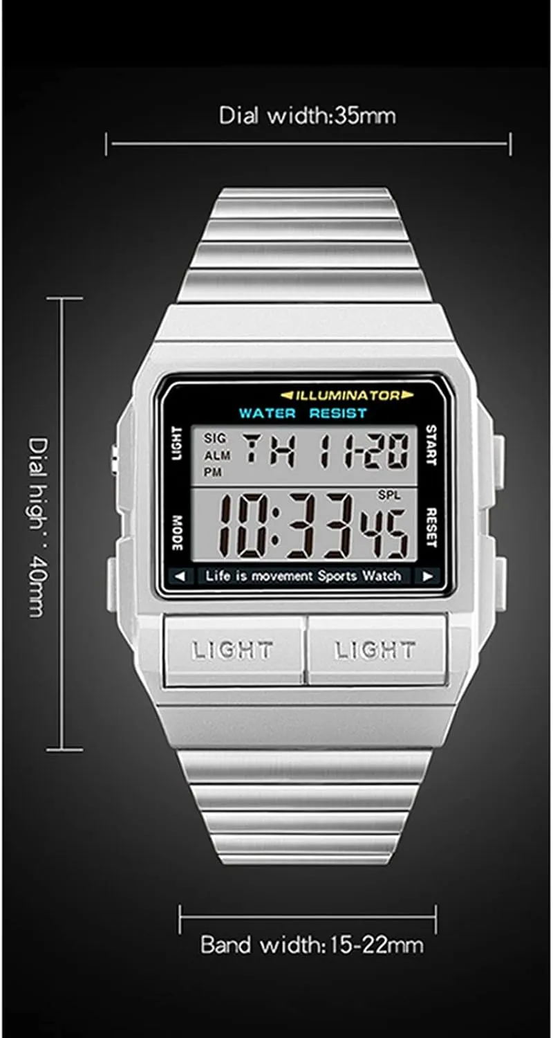Luminous Electronic Watch, Chronograph, Multi-Function Single Display, Waterproof Outdoor Mountaineering Men's Watch, Stainless Steel Strap Black