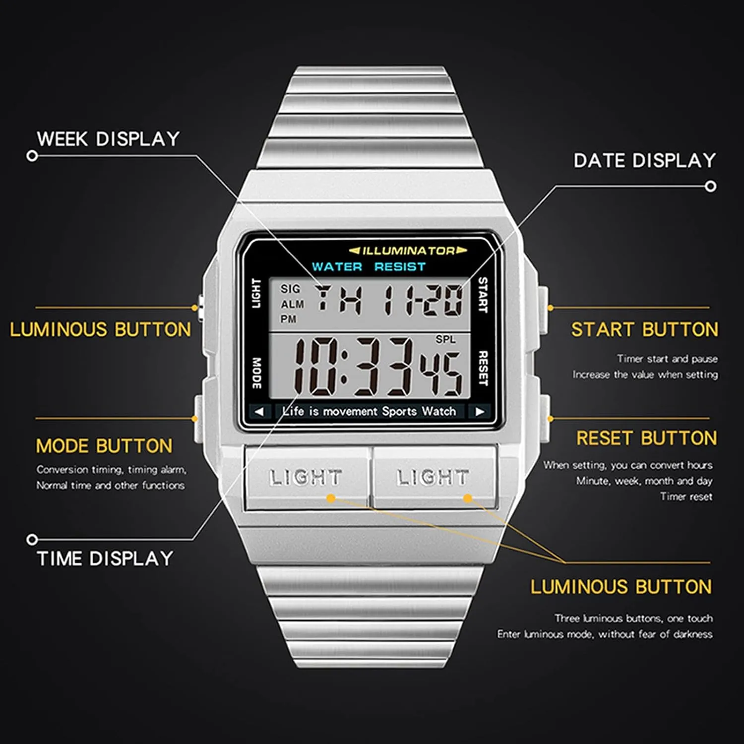 Luminous Electronic Watch, Chronograph, Multi-Function Single Display, Waterproof Outdoor Mountaineering Men's Watch, Stainless Steel Strap Black