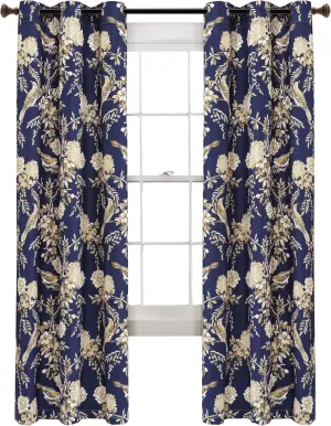Lush Decor, Navy and Taupe Farmhouse Bird and Flower Insulated Grommet Blackout Window Curtain Panel Pair, 84" x 38"