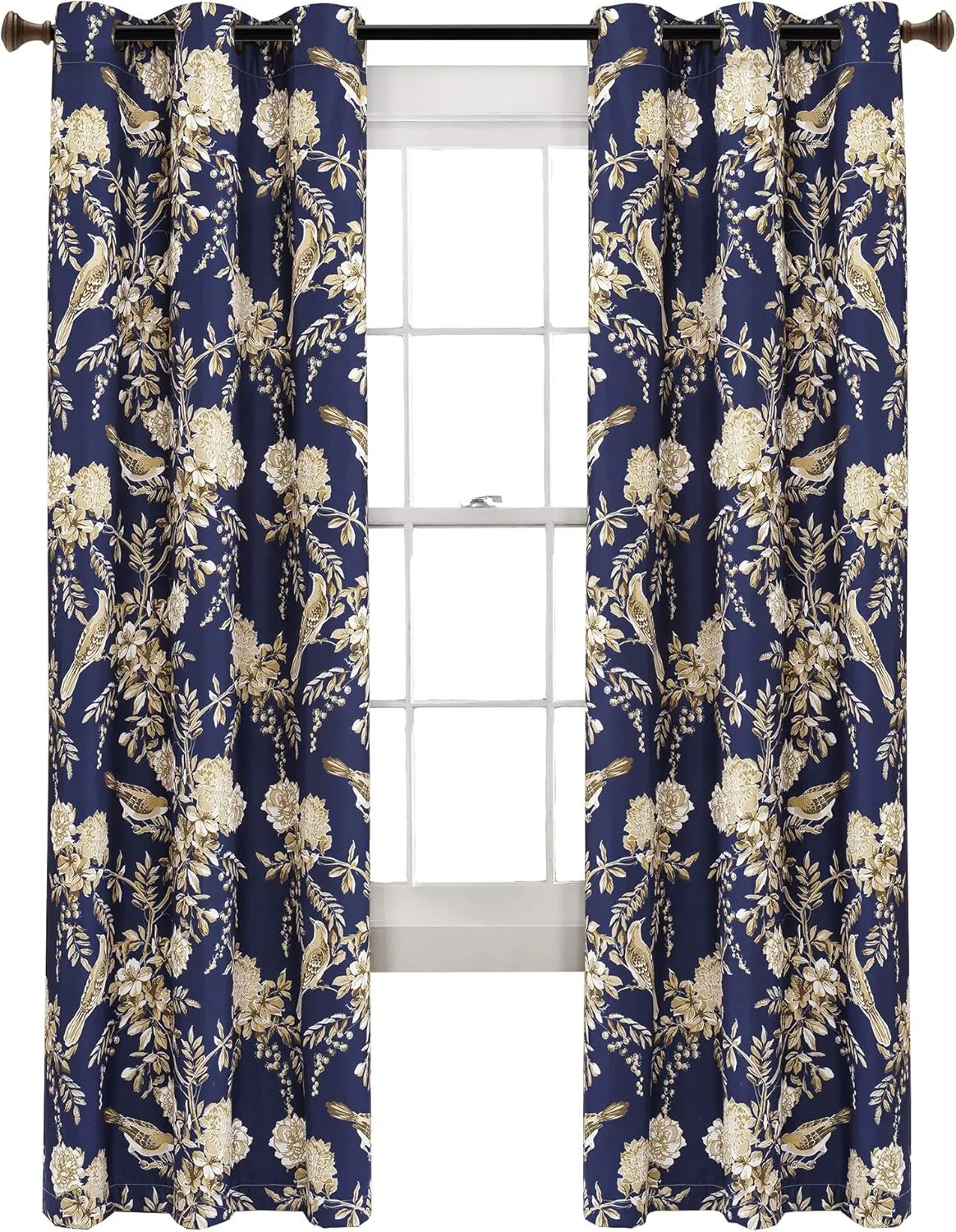 Lush Decor, Navy and Taupe Farmhouse Bird and Flower Insulated Grommet Blackout Window Curtain Panel Pair, 84" x 38"