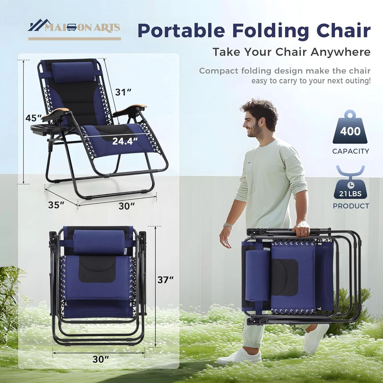 MAISON ARTS Oversize XXL Padded Zero Gravity Lawn Chair Anti Gravity Lounge Chair Foldable Recliner 30" Wide Seat Outdoor Camp Chair for Poolside Backyard Beach, Support 400LBS, Blue