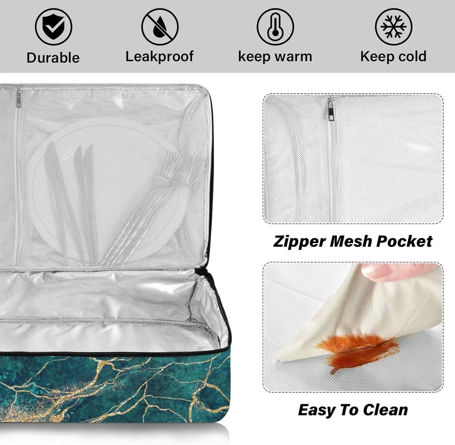 Malachite Green Marble with Gold Glitter Veins, Fake Stone Texture Reusable Insulated Pizza Bag, Waterproof Food Delivery Bag, with Handle Lid Leakproof Pizza Holder Tote for Hot or Cold Food