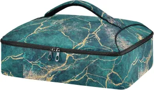 Malachite Green Marble with Gold Glitter Veins, Fake Stone Texture Reusable Insulated Pizza Bag, Waterproof Food Delivery Bag, with Handle Lid Leakproof Pizza Holder Tote for Hot or Cold Food