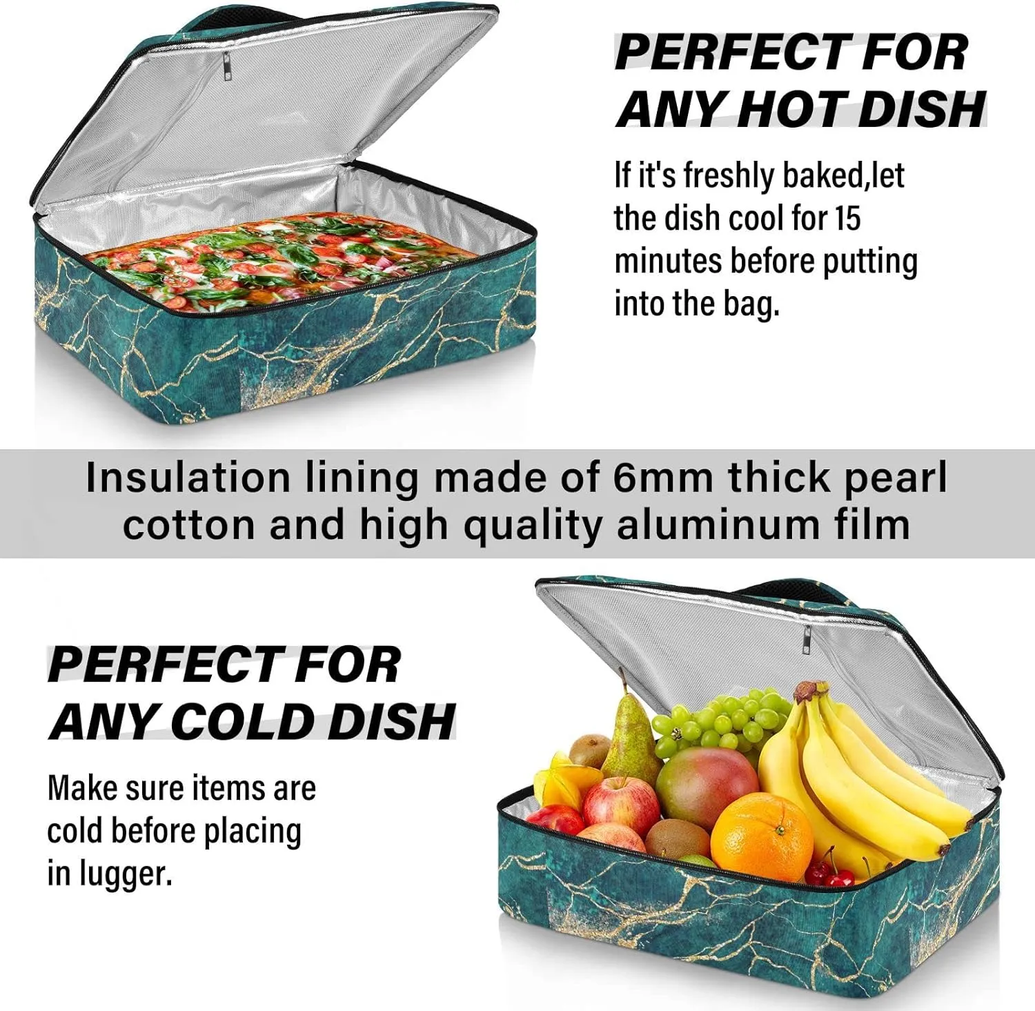 Malachite Green Marble with Gold Glitter Veins, Fake Stone Texture Reusable Insulated Pizza Bag, Waterproof Food Delivery Bag, with Handle Lid Leakproof Pizza Holder Tote for Hot or Cold Food