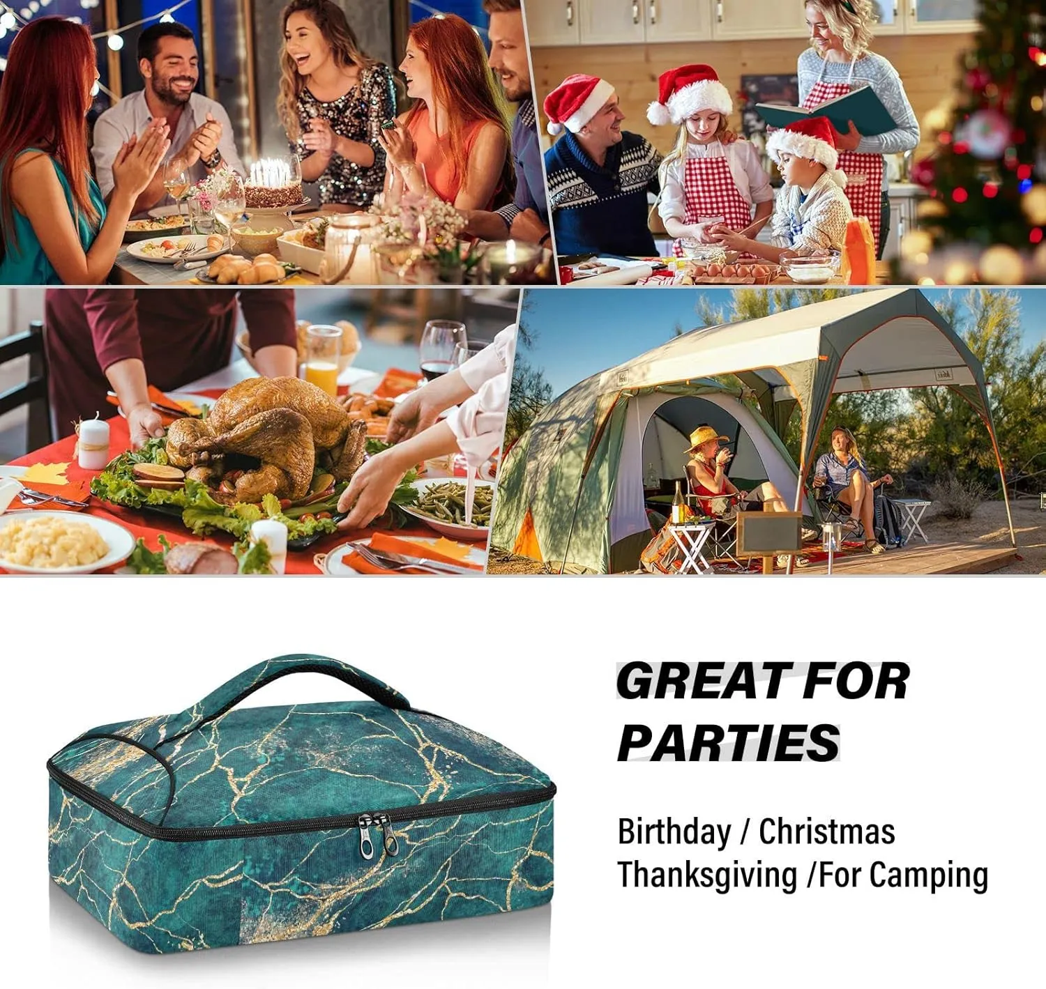 Malachite Green Marble with Gold Glitter Veins, Fake Stone Texture Reusable Insulated Pizza Bag, Waterproof Food Delivery Bag, with Handle Lid Leakproof Pizza Holder Tote for Hot or Cold Food