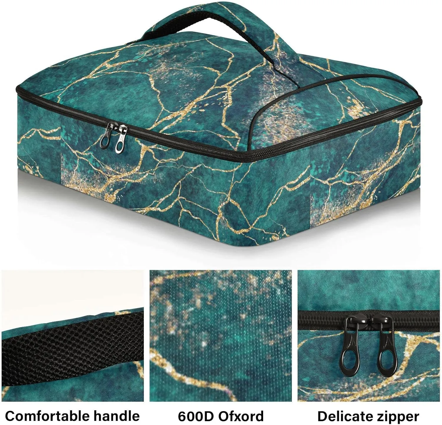 Malachite Green Marble with Gold Glitter Veins, Fake Stone Texture Reusable Insulated Pizza Bag, Waterproof Food Delivery Bag, with Handle Lid Leakproof Pizza Holder Tote for Hot or Cold Food