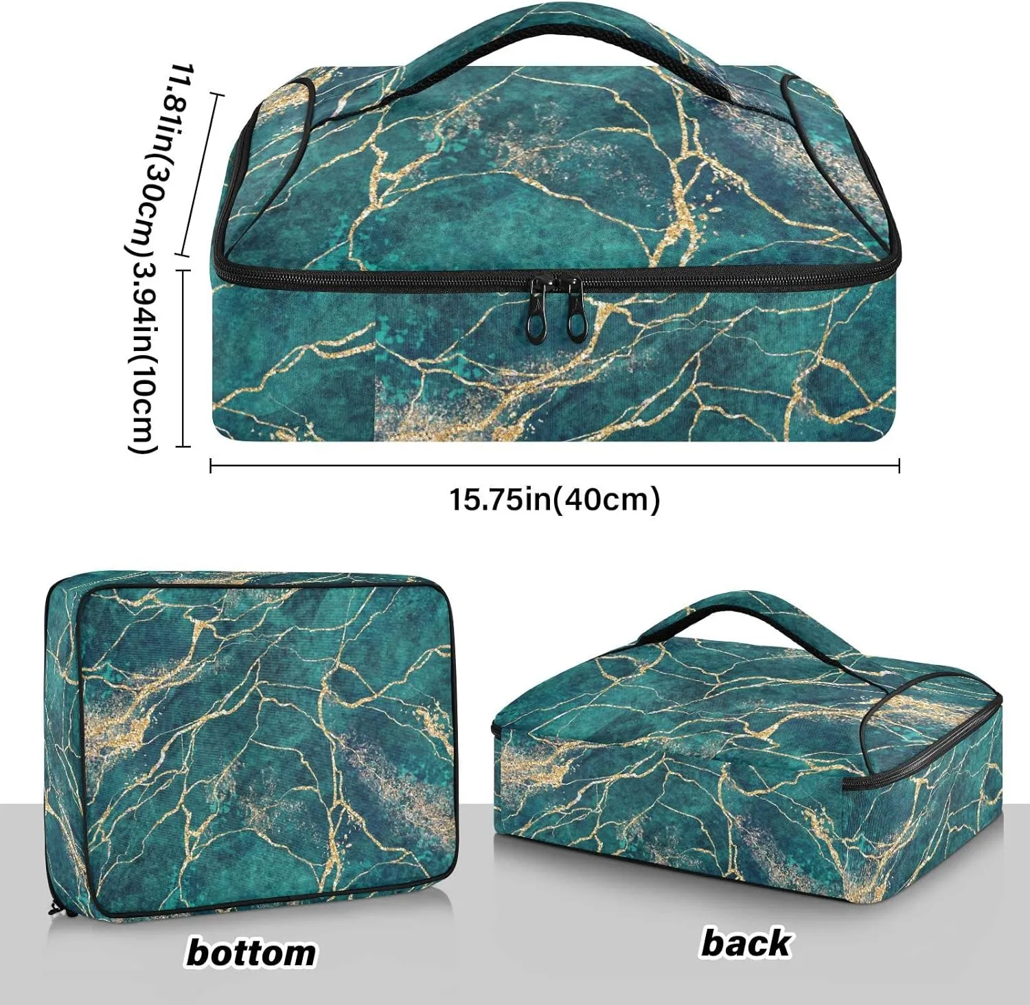 Malachite Green Marble with Gold Glitter Veins, Fake Stone Texture Reusable Insulated Pizza Bag, Waterproof Food Delivery Bag, with Handle Lid Leakproof Pizza Holder Tote for Hot or Cold Food