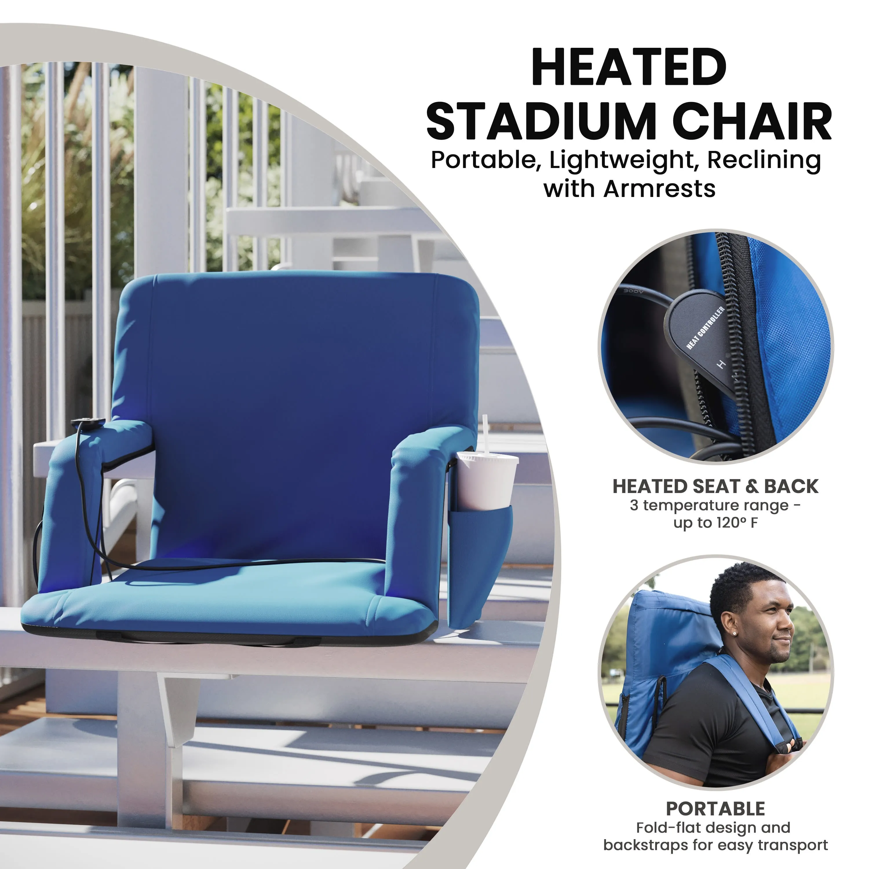 Malta Portable Heated Reclining Stadium Chair with Armrests, Heated Padded Back & Heated Seat with Dual Storage Pockets and Backpack Straps