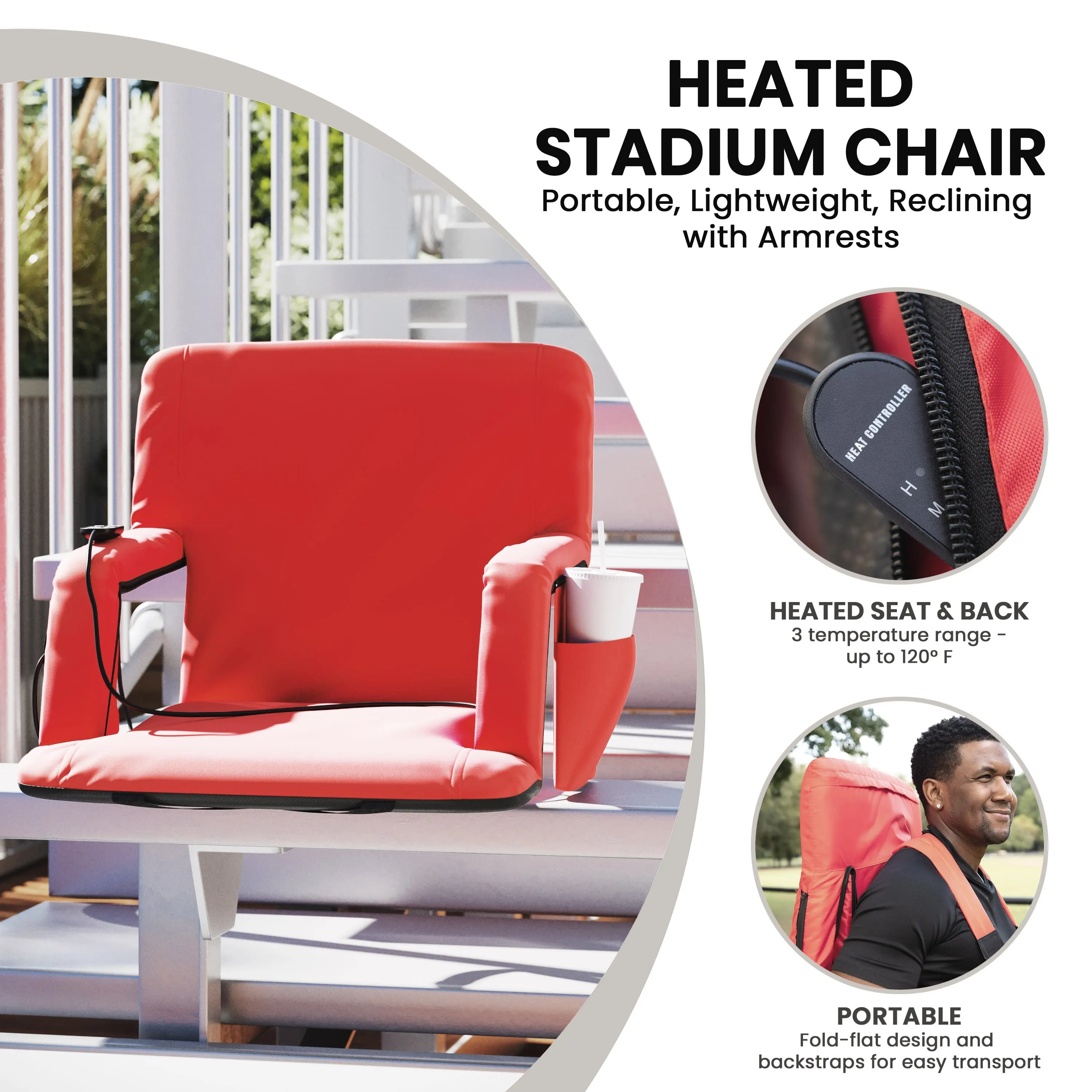 Malta Portable Heated Reclining Stadium Chair with Armrests, Heated Padded Back & Heated Seat with Dual Storage Pockets and Backpack Straps