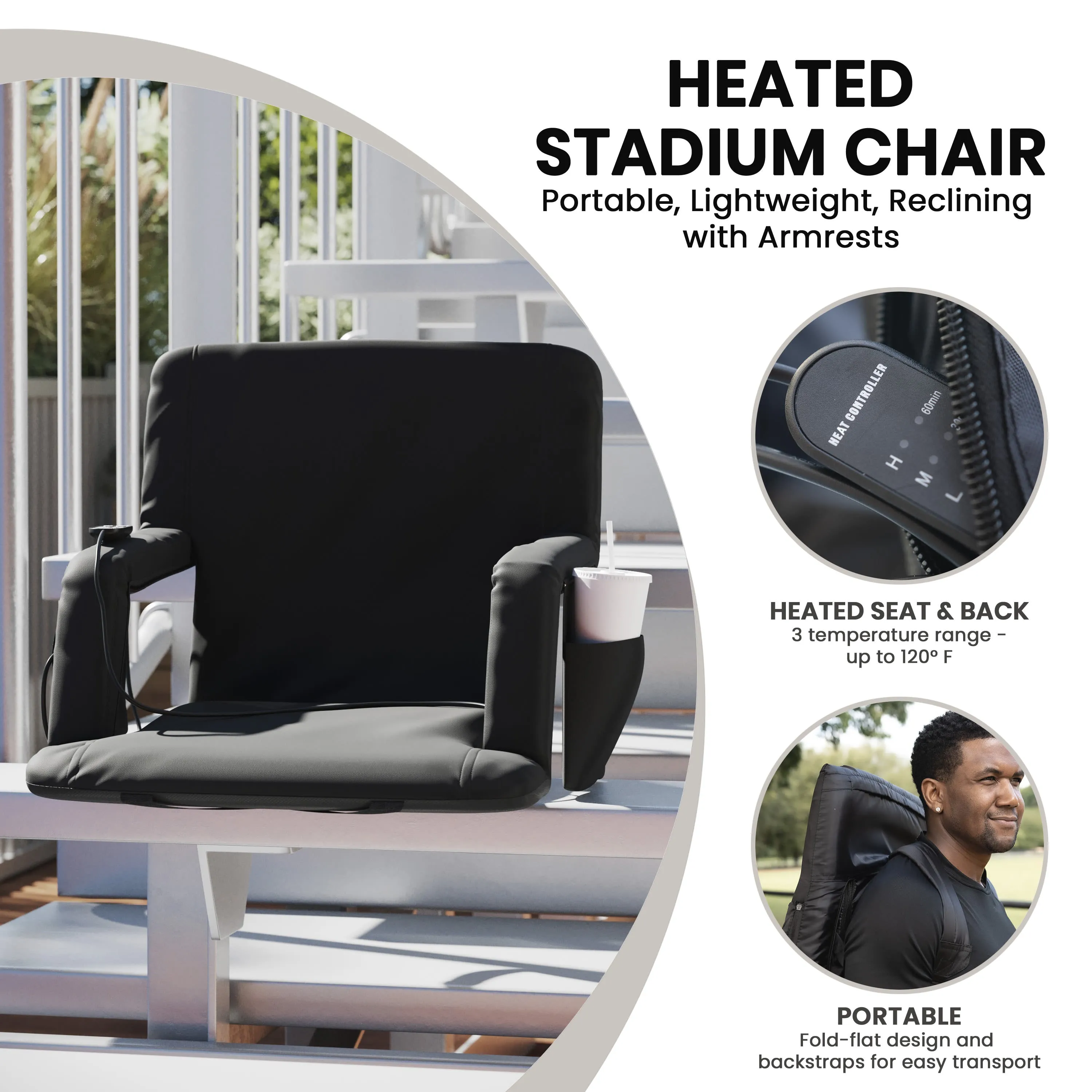 Malta Portable Heated Reclining Stadium Chair with Armrests, Heated Padded Back & Heated Seat with Dual Storage Pockets and Backpack Straps
