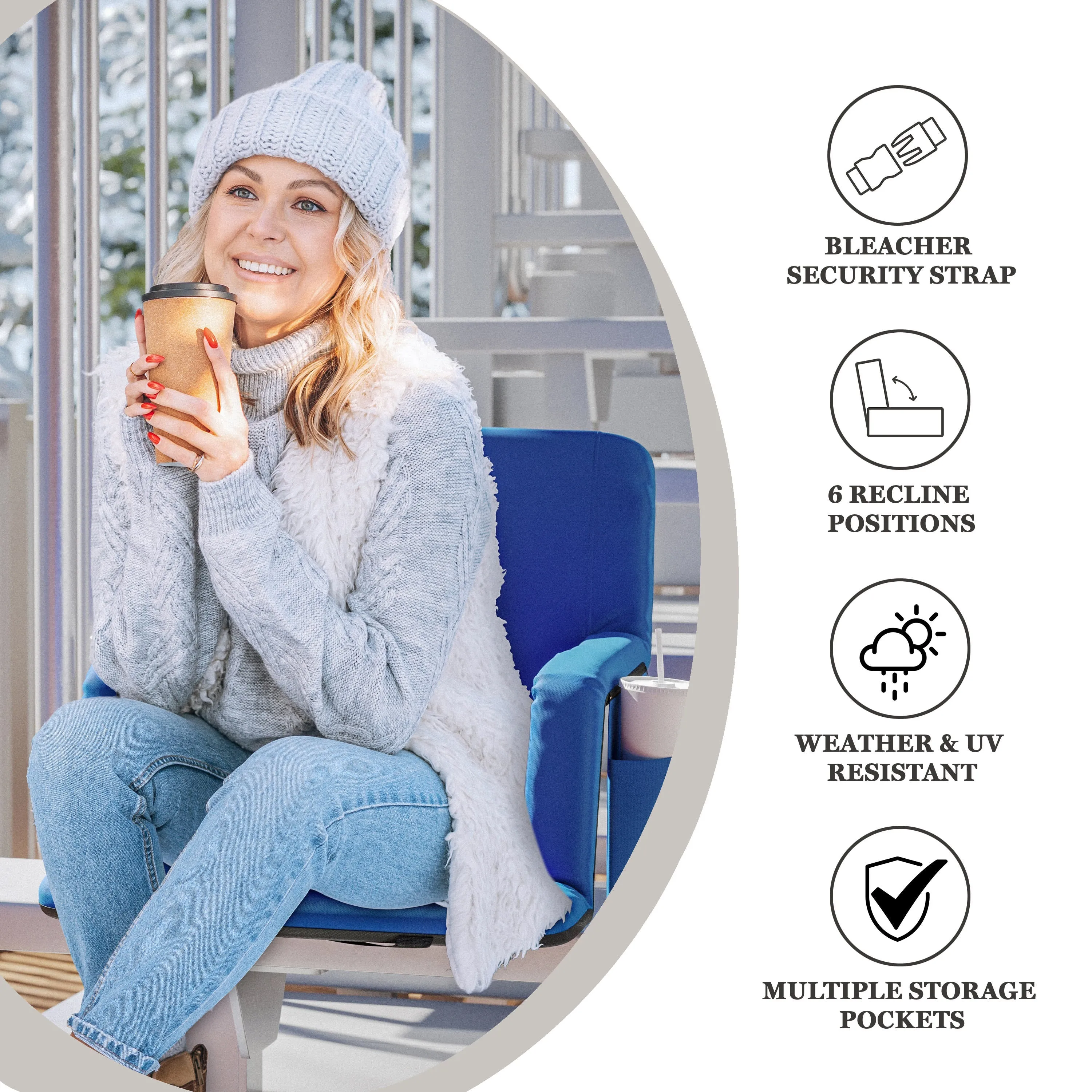 Malta Portable Heated Reclining Stadium Chair with Armrests, Heated Padded Back & Heated Seat with Dual Storage Pockets and Backpack Straps