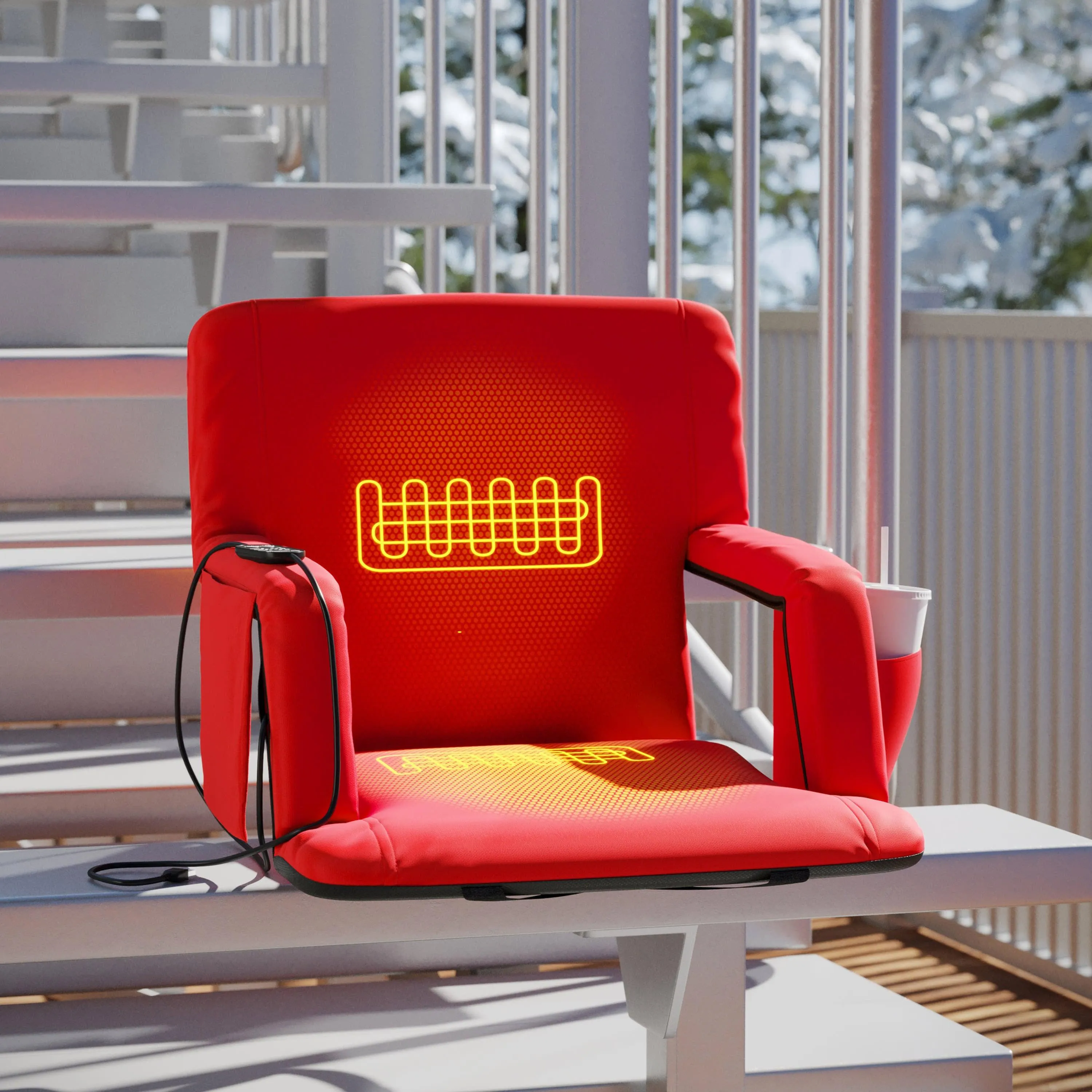 Malta Portable Heated Reclining Stadium Chair with Armrests, Heated Padded Back & Heated Seat with Dual Storage Pockets and Backpack Straps