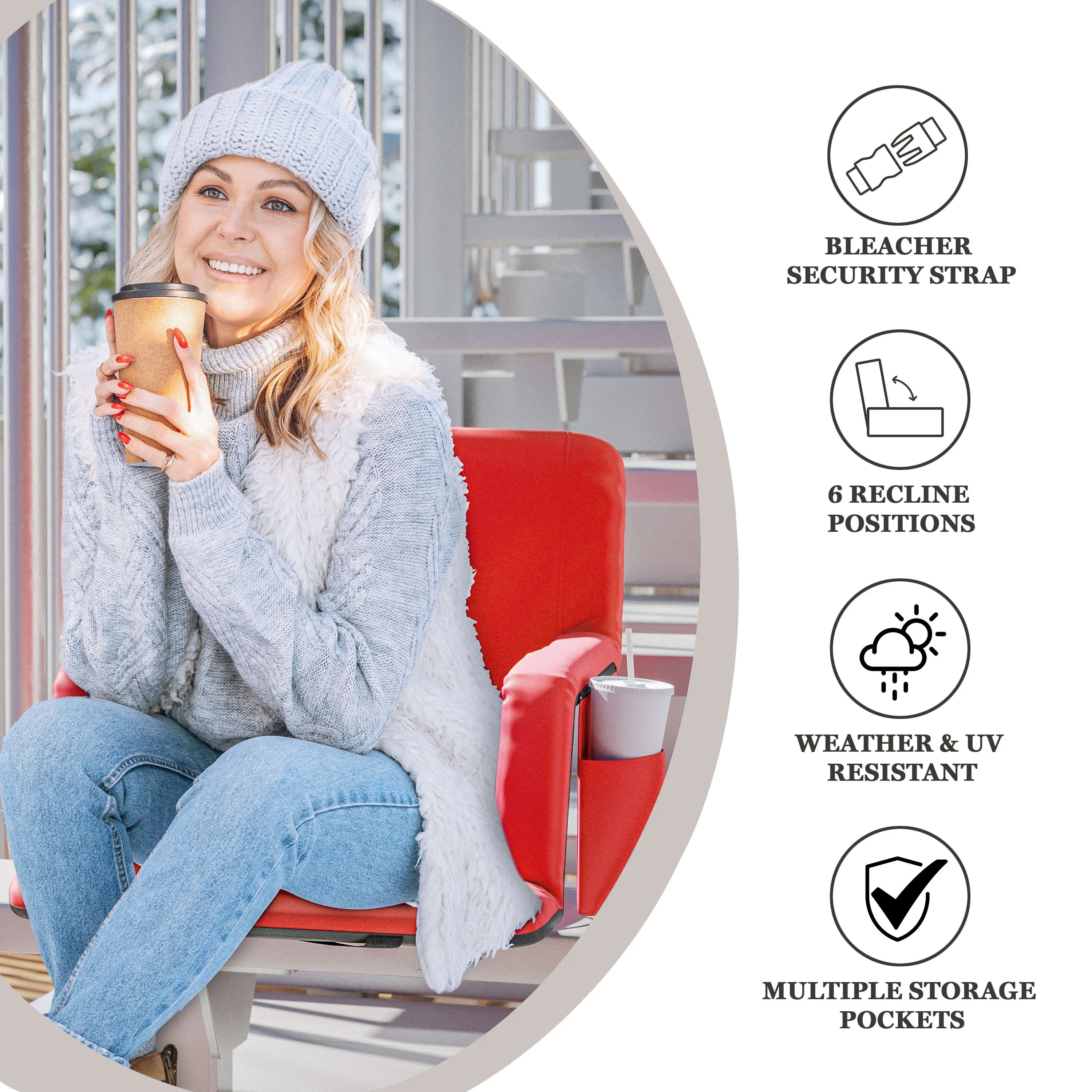 Malta Portable Heated Reclining Stadium Chair with Armrests, Heated Padded Back & Heated Seat with Dual Storage Pockets and Backpack Straps