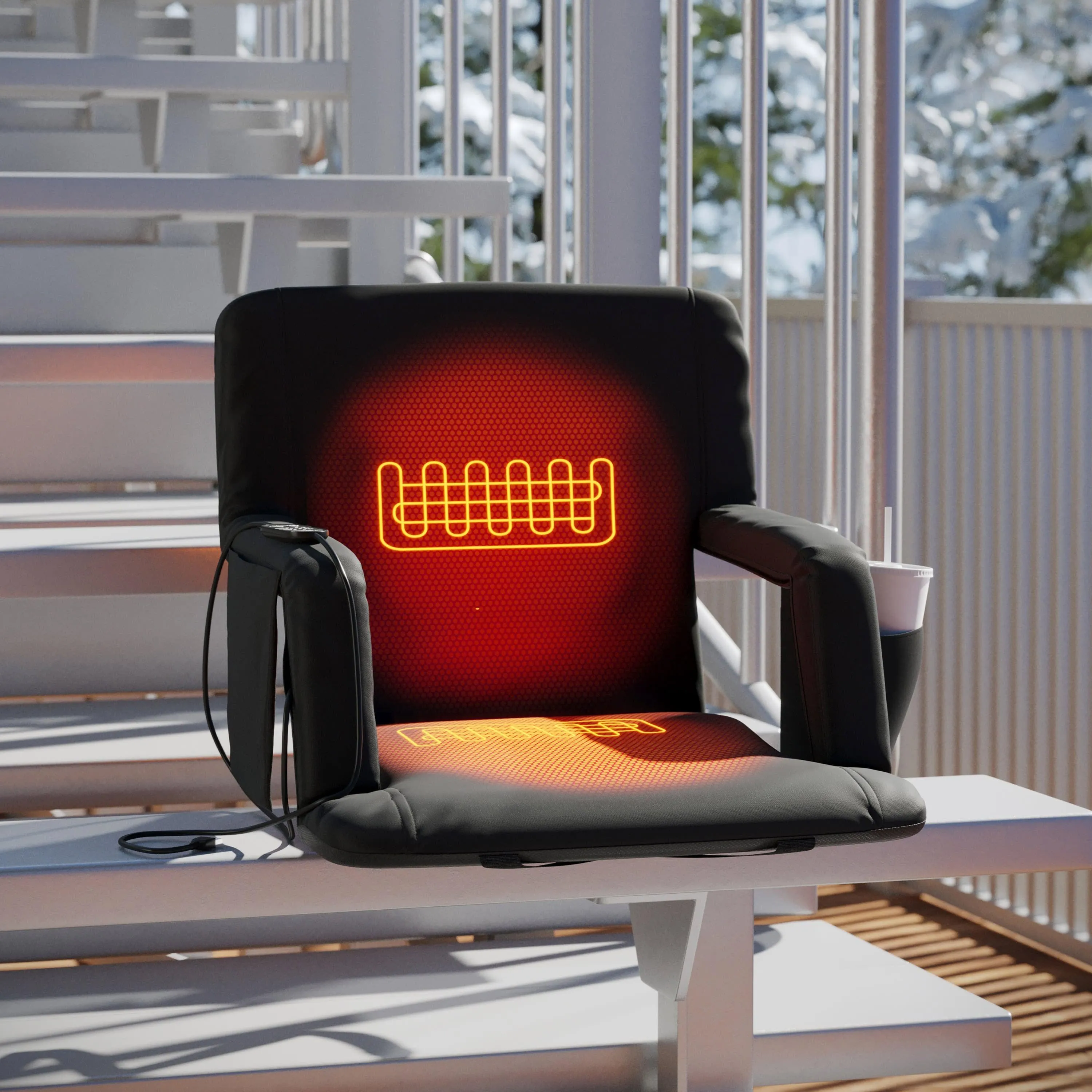 Malta Portable Heated Reclining Stadium Chair with Armrests, Heated Padded Back & Heated Seat with Dual Storage Pockets and Backpack Straps