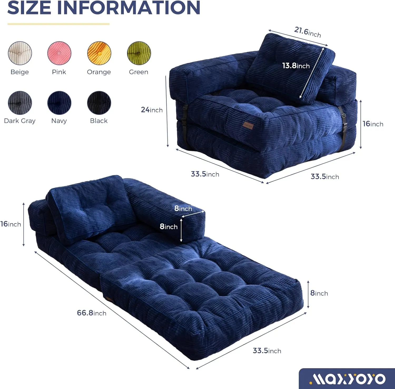 MAXYOYO Folding Sofa Bed, L-Shaped Convertible Sofa Bed with Armrest Foldable Sleeper Sofa with Pillow, Portable Fold Out Chair Bed Comfy Floor Lounge for Living Room Bedroom, Navy