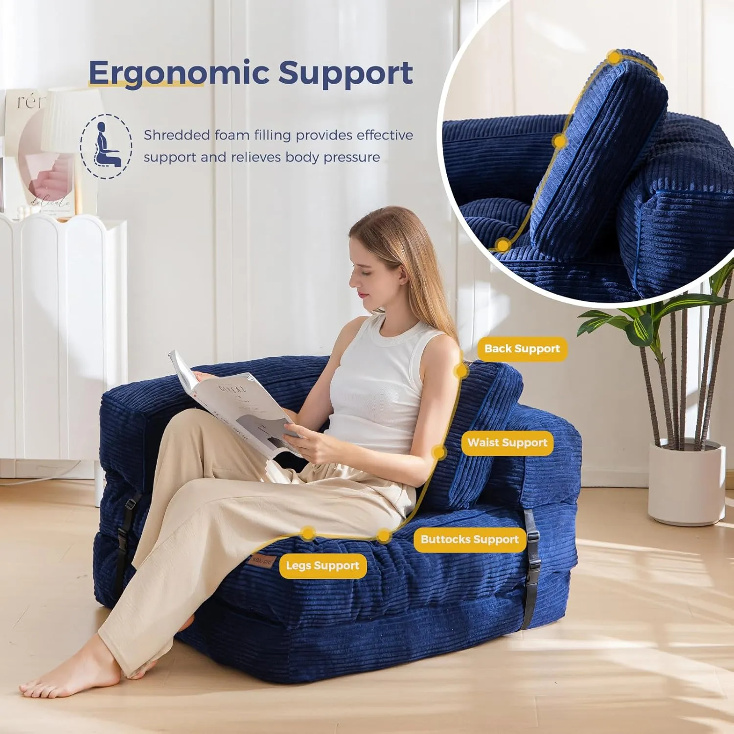 MAXYOYO Folding Sofa Bed, L-Shaped Convertible Sofa Bed with Armrest Foldable Sleeper Sofa with Pillow, Portable Fold Out Chair Bed Comfy Floor Lounge for Living Room Bedroom, Navy