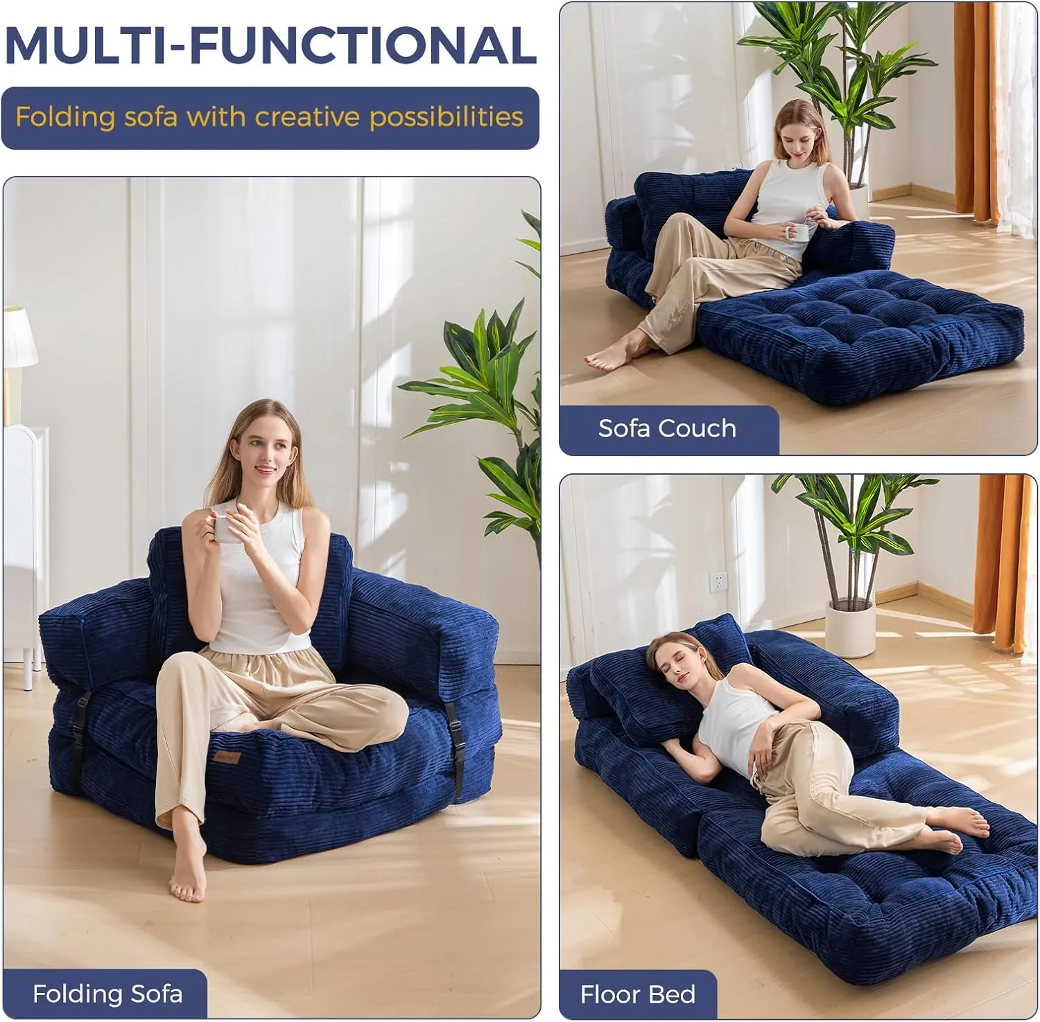 MAXYOYO Folding Sofa Bed, L-Shaped Convertible Sofa Bed with Armrest Foldable Sleeper Sofa with Pillow, Portable Fold Out Chair Bed Comfy Floor Lounge for Living Room Bedroom, Navy