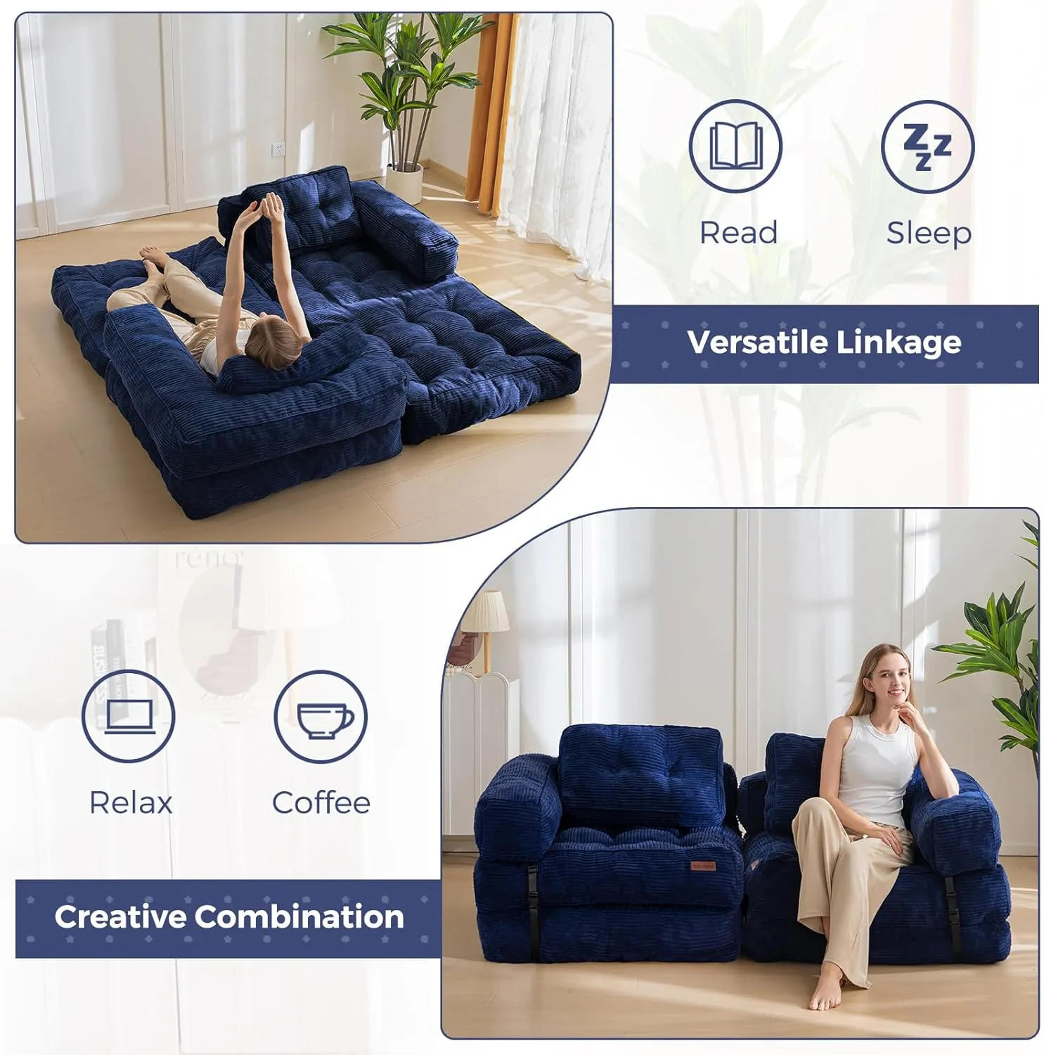 MAXYOYO Folding Sofa Bed, L-Shaped Convertible Sofa Bed with Armrest Foldable Sleeper Sofa with Pillow, Portable Fold Out Chair Bed Comfy Floor Lounge for Living Room Bedroom, Navy