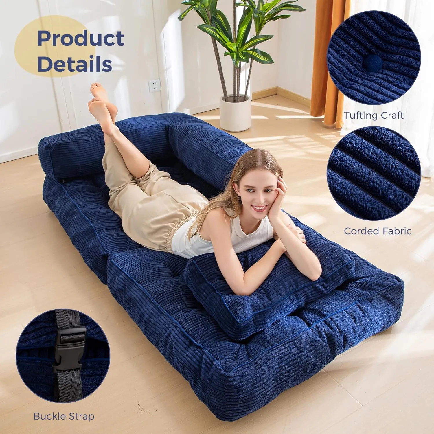 MAXYOYO Folding Sofa Bed, L-Shaped Convertible Sofa Bed with Armrest Foldable Sleeper Sofa with Pillow, Portable Fold Out Chair Bed Comfy Floor Lounge for Living Room Bedroom, Navy