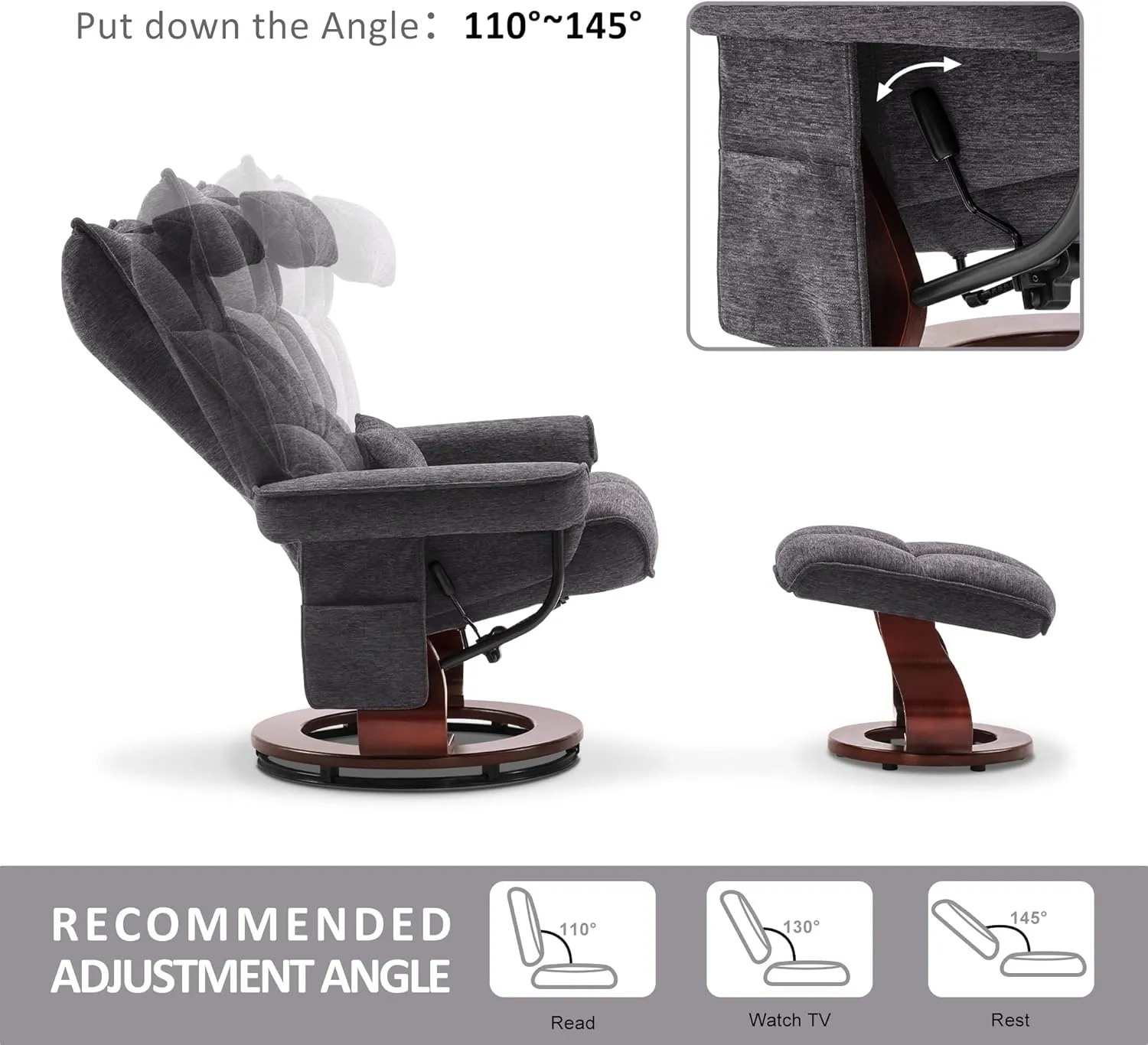 MCombo Swivel Recliner with Ottoman, TV Chair Sets with Vibration Massage, Ideal for Small Space, Living Room & Bedroom 4188 4605 (Brown Base, Grey)