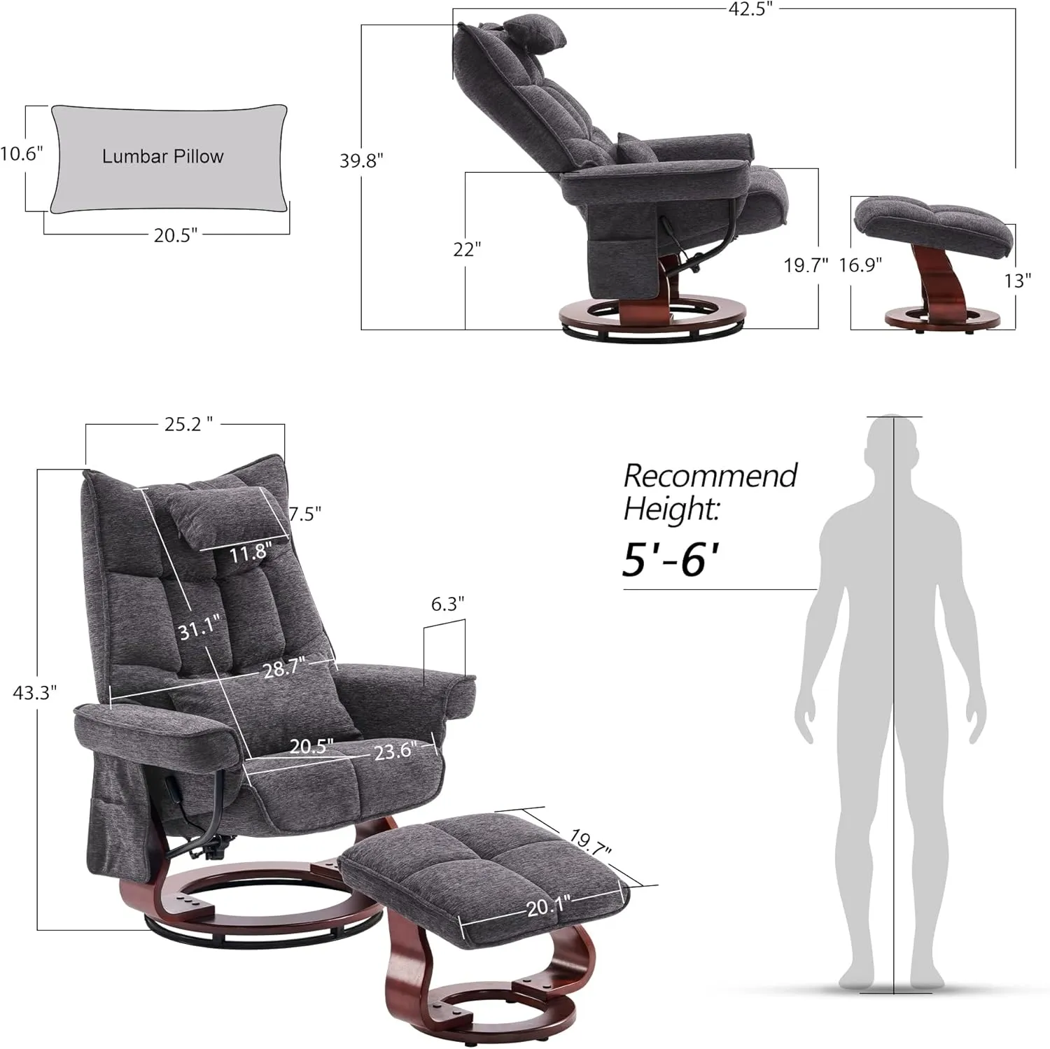MCombo Swivel Recliner with Ottoman, TV Chair Sets with Vibration Massage, Ideal for Small Space, Living Room & Bedroom 4188 4605 (Brown Base, Grey)
