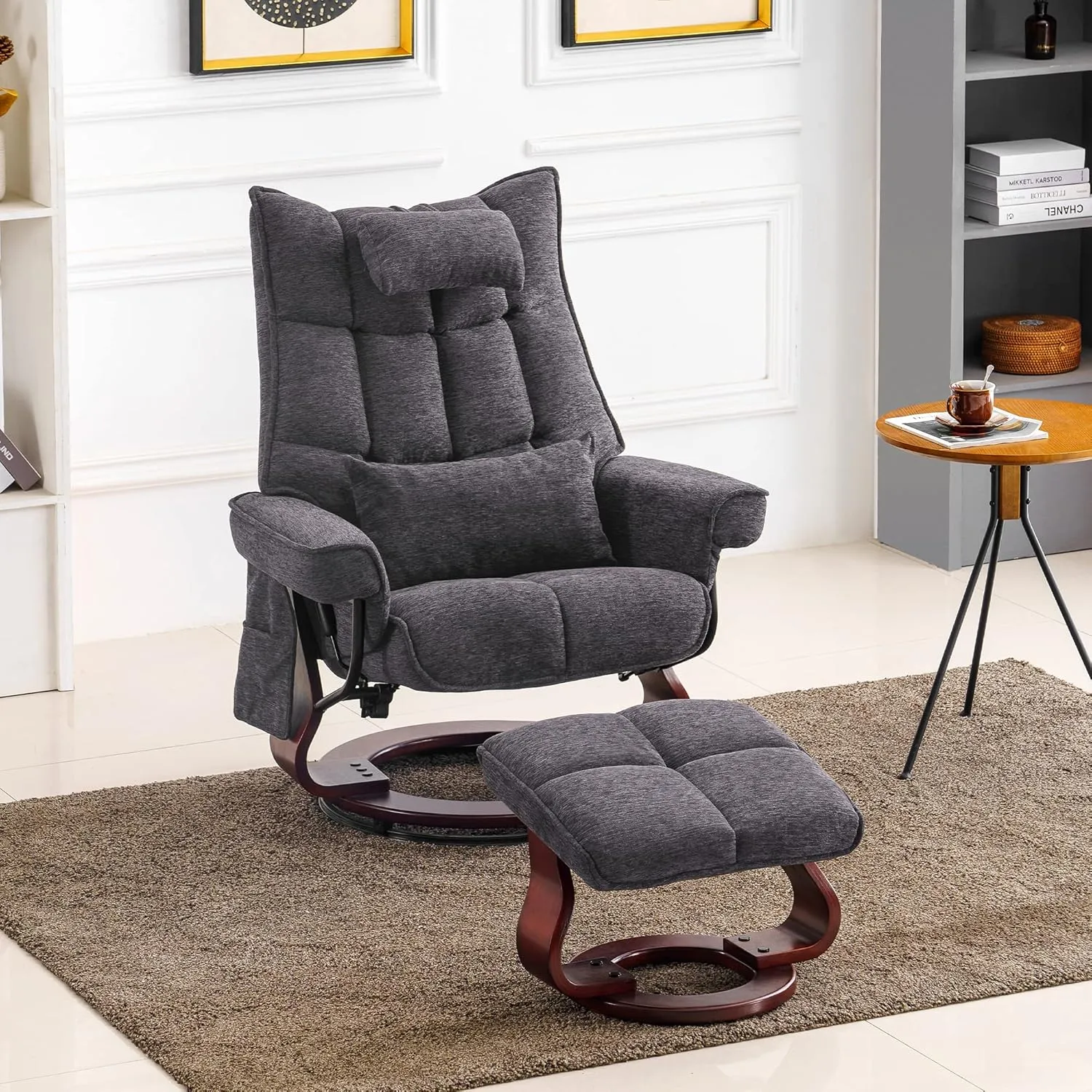 MCombo Swivel Recliner with Ottoman, TV Chair Sets with Vibration Massage, Ideal for Small Space, Living Room & Bedroom 4188 4605 (Brown Base, Grey)