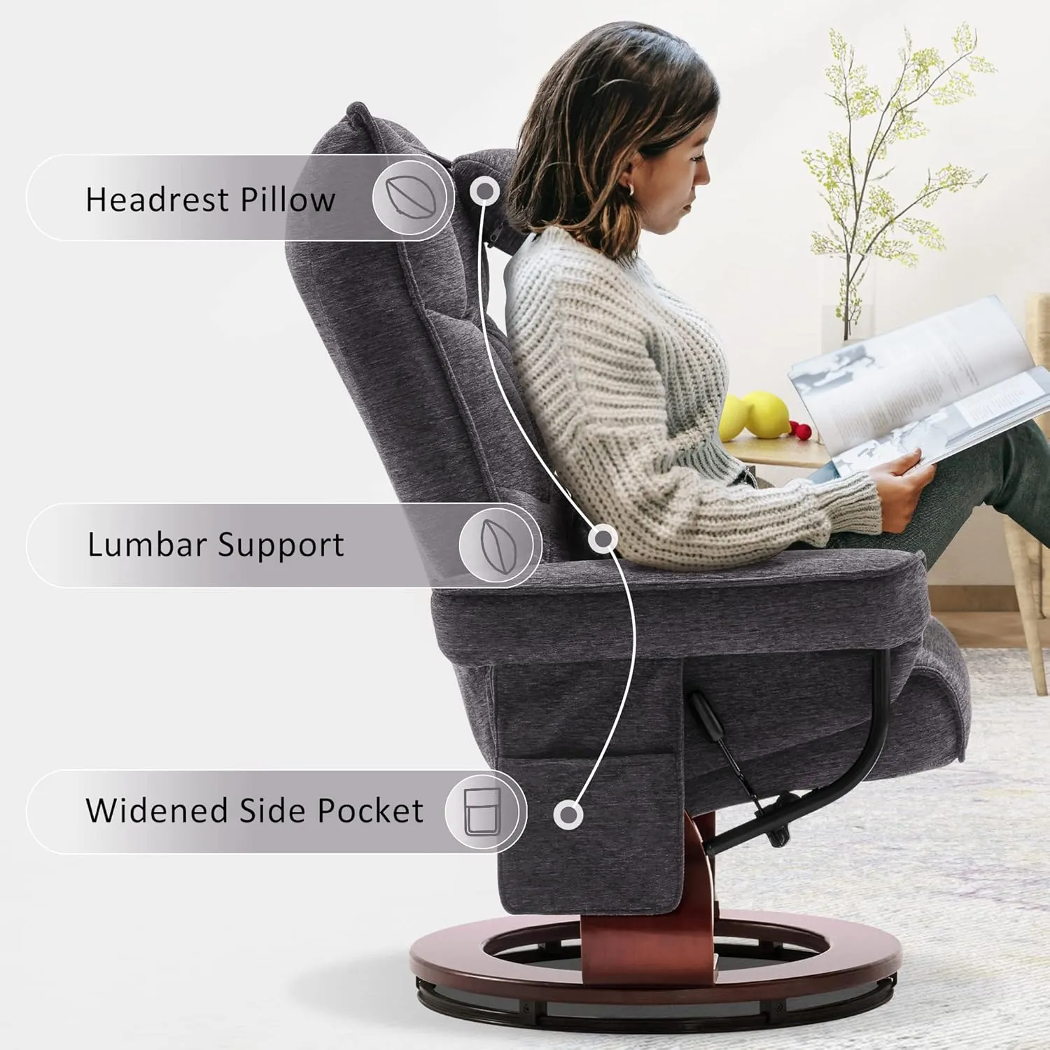 MCombo Swivel Recliner with Ottoman, TV Chair Sets with Vibration Massage, Ideal for Small Space, Living Room & Bedroom 4188 4605 (Brown Base, Grey)
